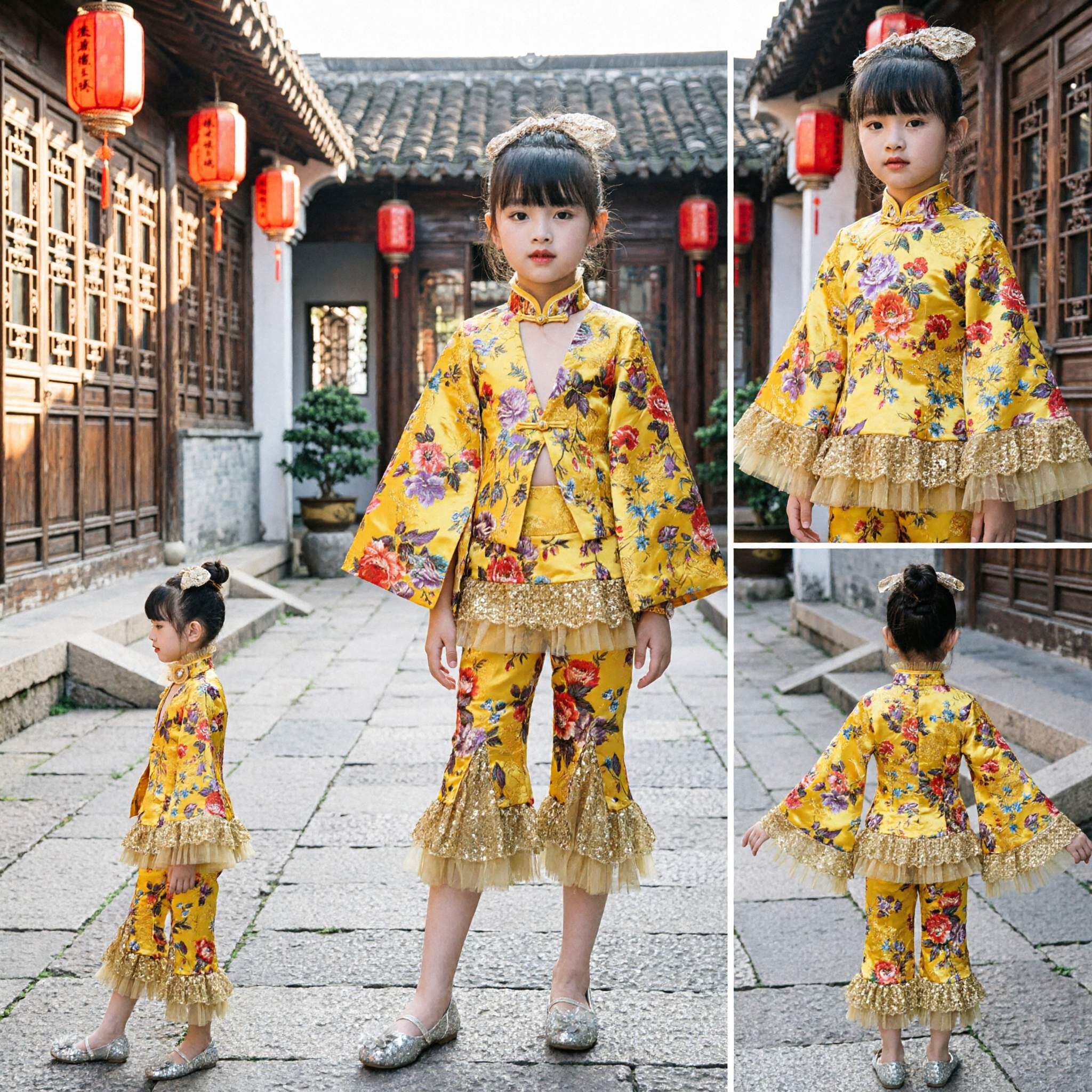 Girls Yellow Floral Traditional Chinese Stage Costume Two-Piece Set for Dance Performance with Sequin Ruffles - Asian Costume