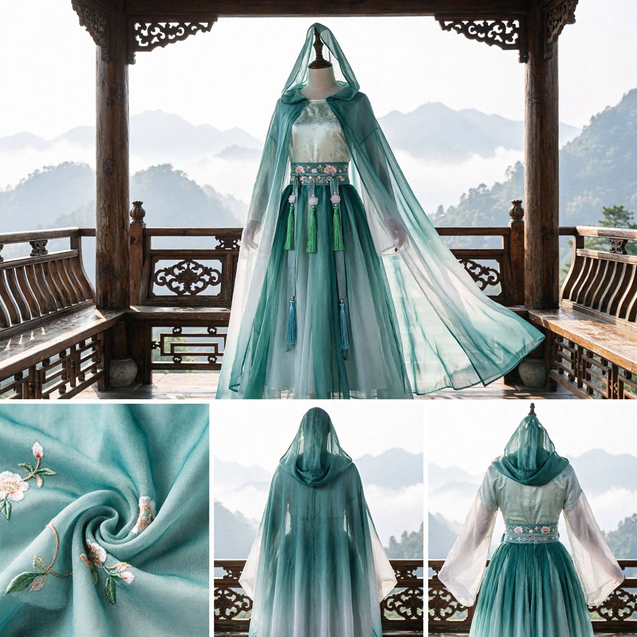 Elegant Green Gradient Hanfu Cloak Cape Traditional Chinese Ancient Costume Fairy Dress for Women Cosplay - Asian Costume