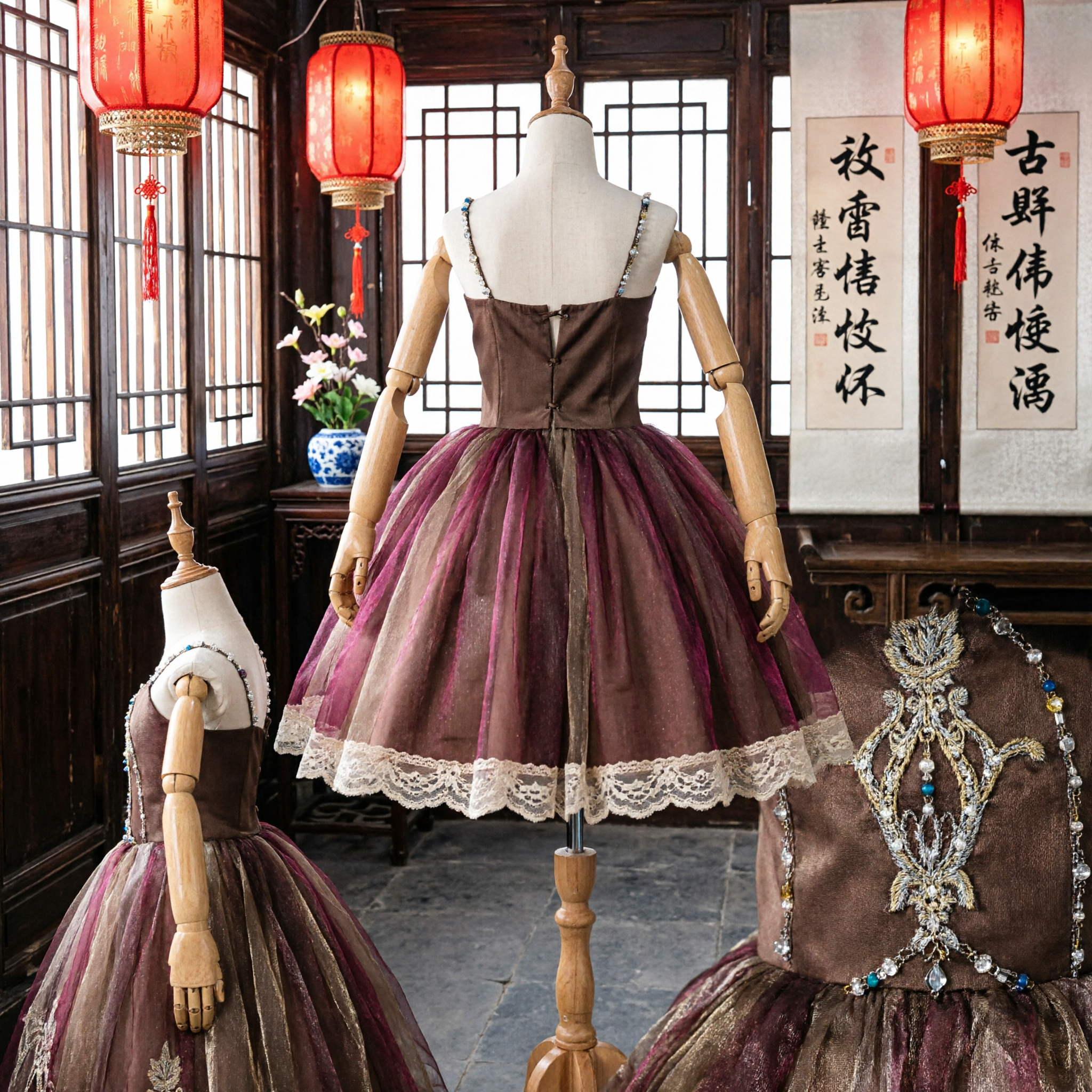 Elegant Brown Bronze Tulle Ballgown Dress for Girls Stage Performance Formal Party Costume with Beading - Asian Costume