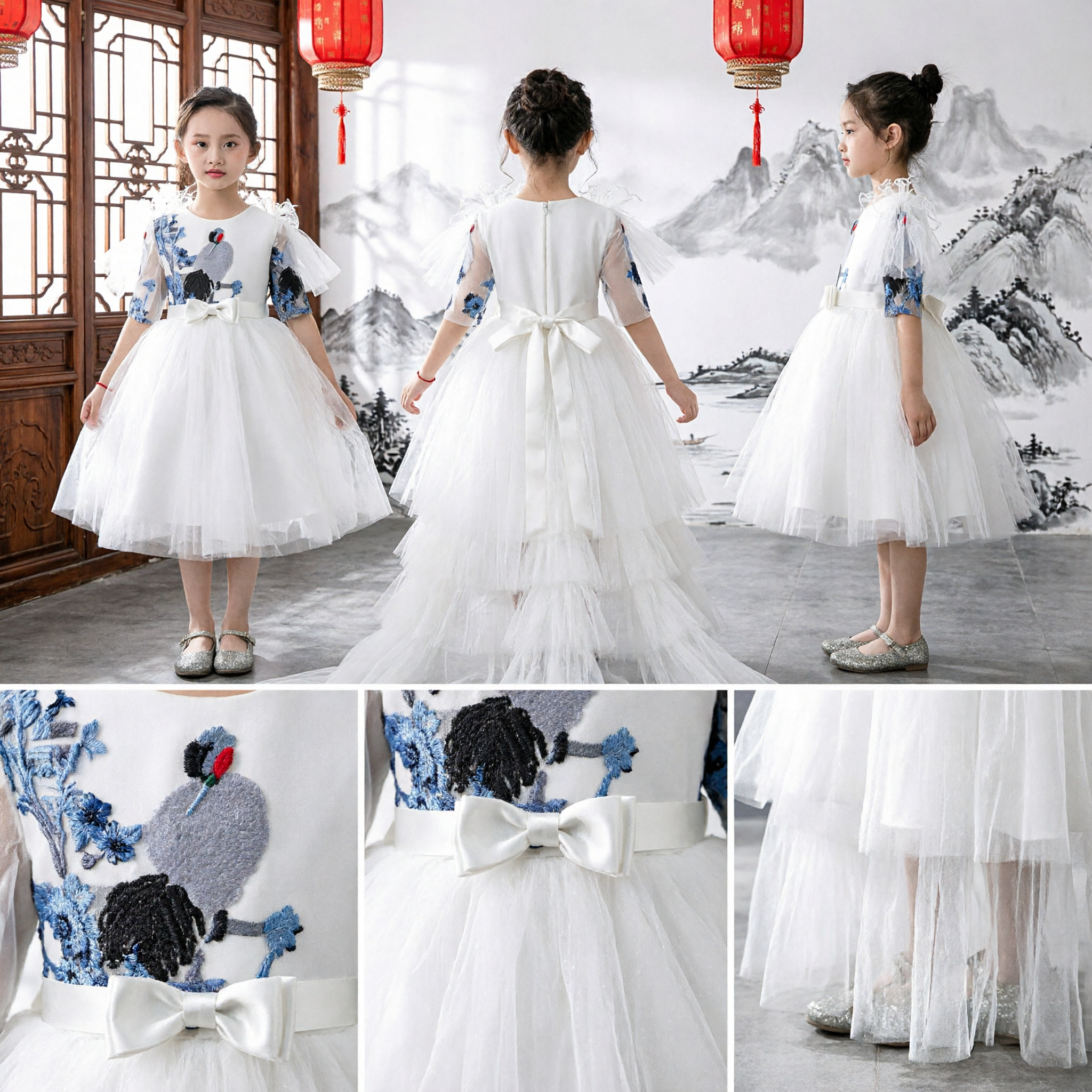 Elegant Girls White Chinese Style Crane Print Dress Tulle Stage Performance Gown for Kids - Asian Costume