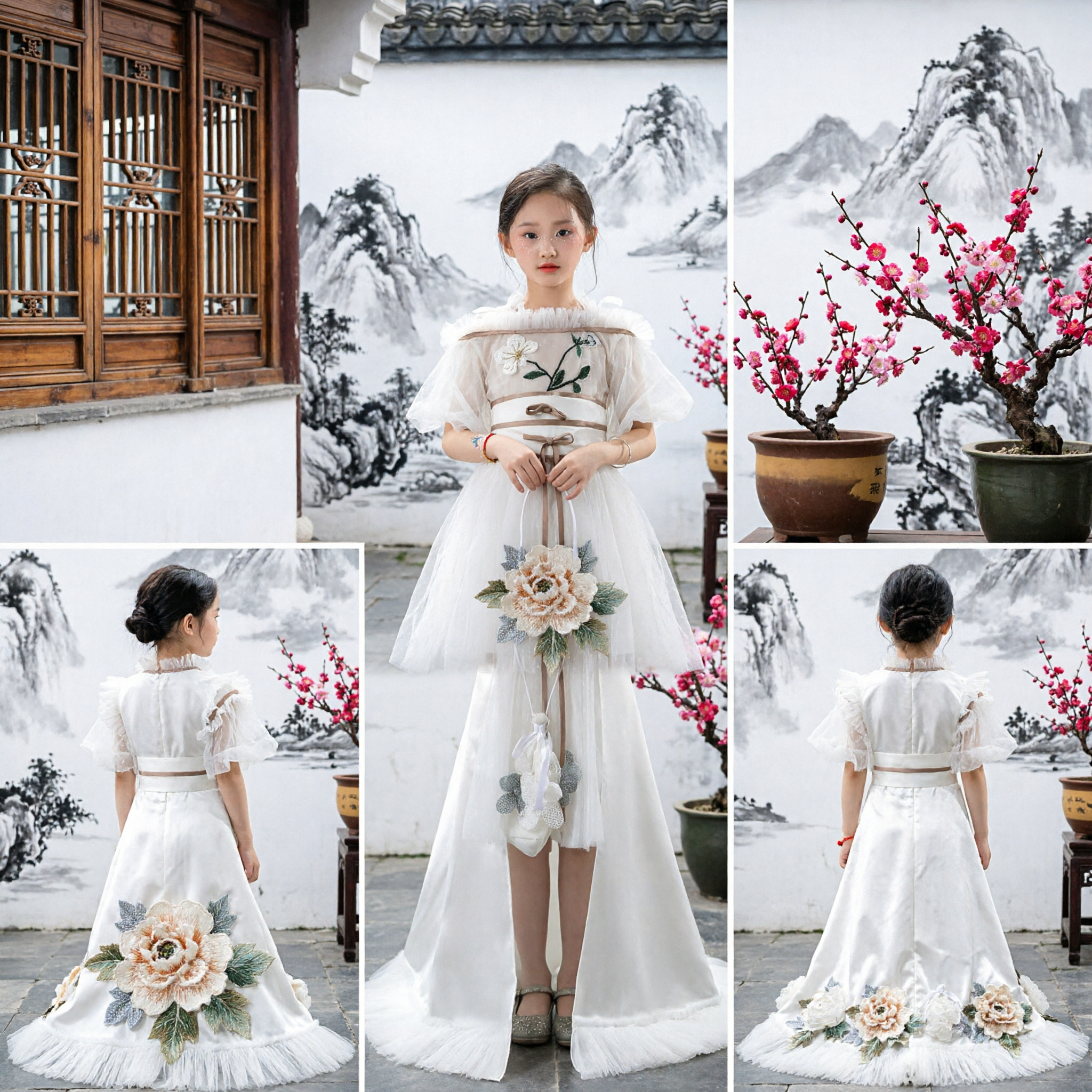 Abito Tradizionale Cinese Hanfu per Bambine Costume da Fata Bianco Ricamato con Bordi in Pelliccia per Spettacoli - Asian Costume