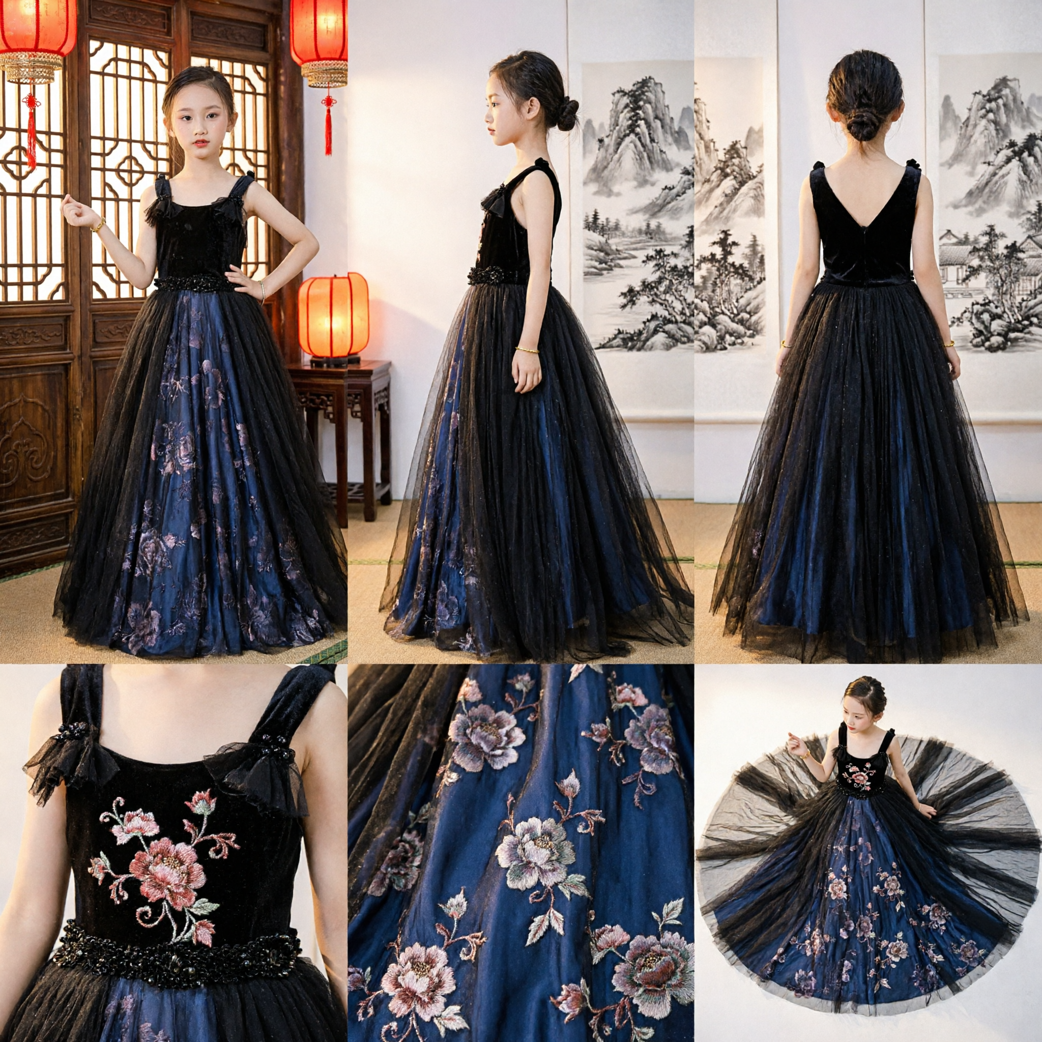 Kids Girls Elegant Black Long Evening Dress Formal Party Gown Flower Girl Princess Dress with Bows - Asian Costume