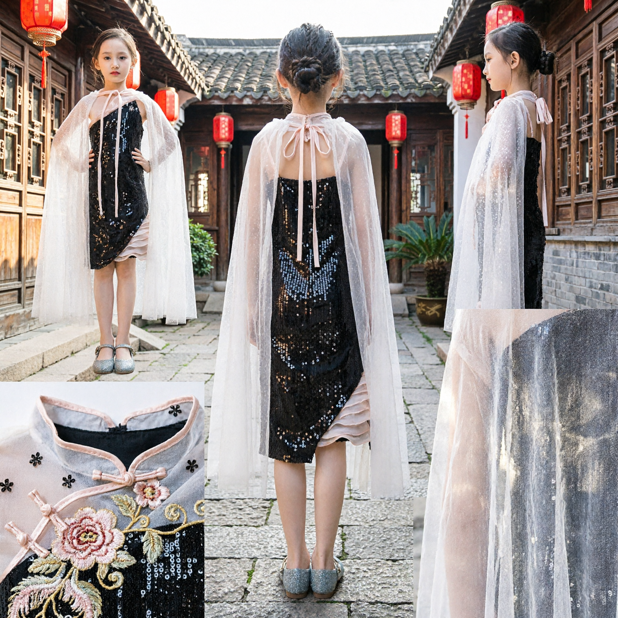 Kids Girls Black Sequin One Shoulder Dress with Long White Tulle Cape for Pageant Hostess Performance - Asian Costume