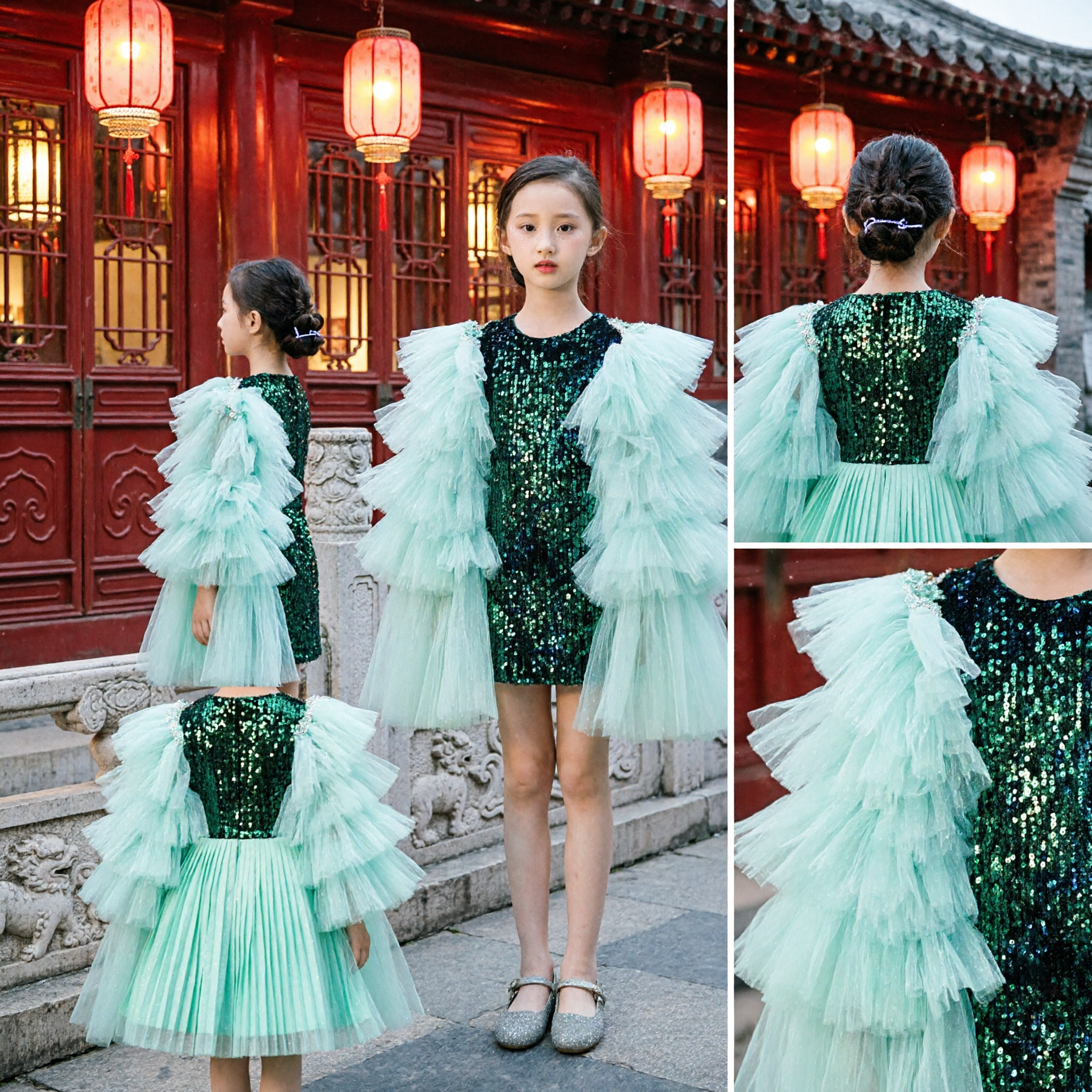 Girls Sequin Stage Performance Dress with Ruffled Tulle Cape Modern Dance Host Costume for Kids - Asian Costume