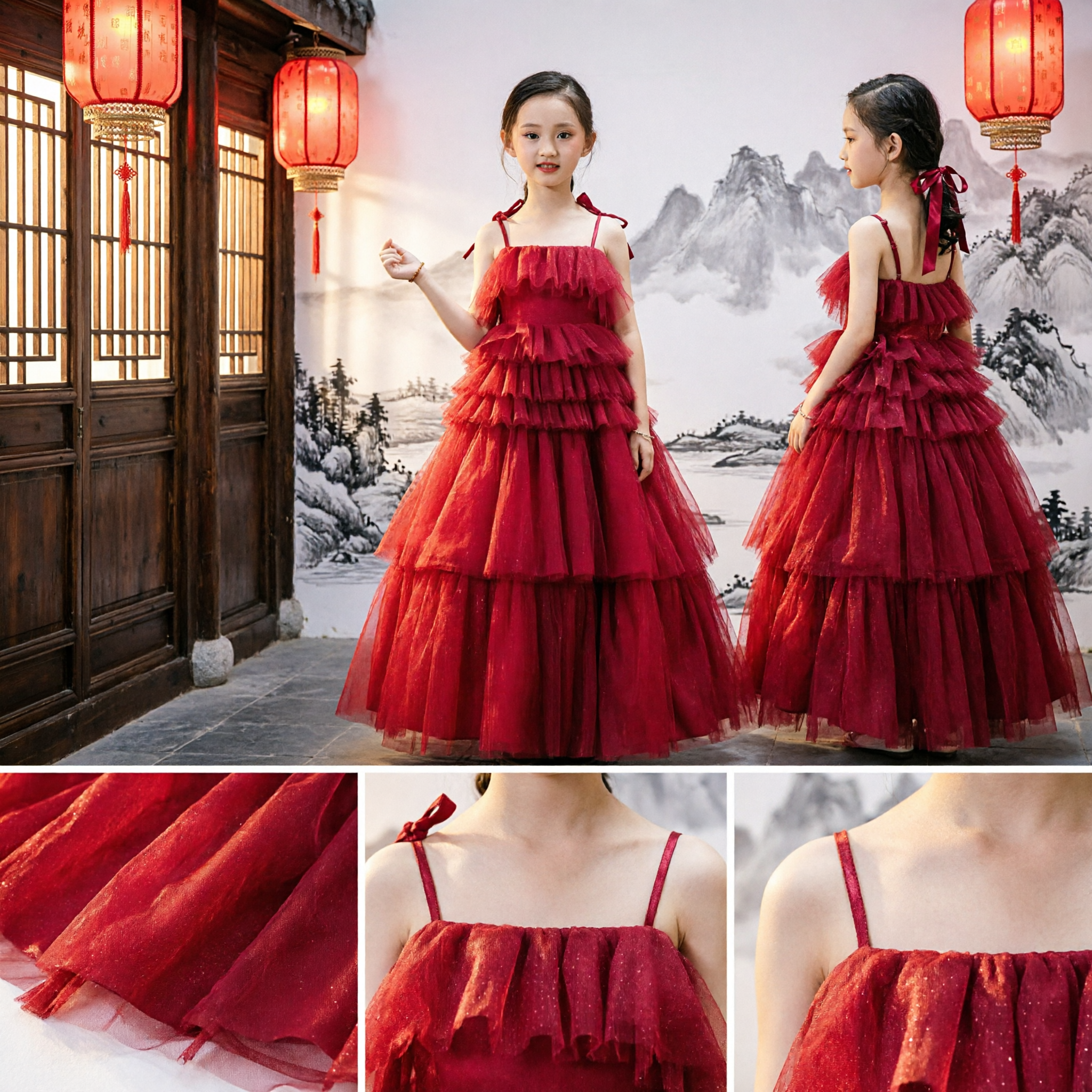 Deep Red Tiered Tulle Ball Gown for Girls Flower Girl Wedding Pageant Dress - Asian Costume