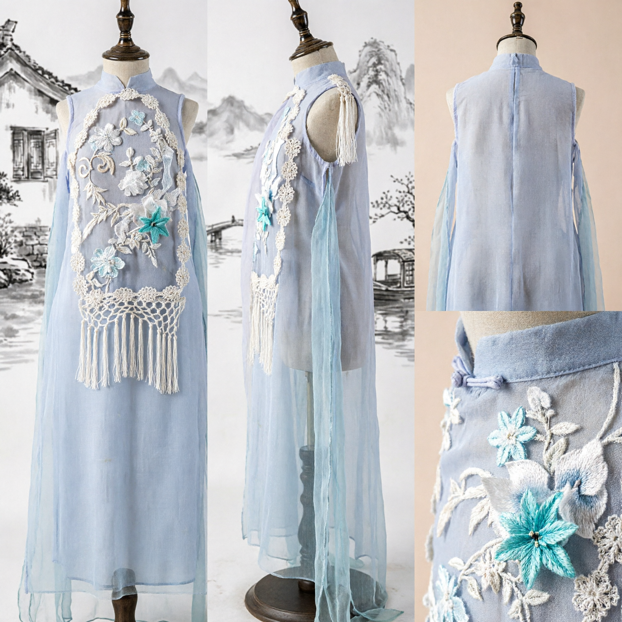 Light Blue Traditional Chinese Hanfu Cloak Floral Embroidered Tassel Cape Ancient Fairy Costume for Women - Asian Costume