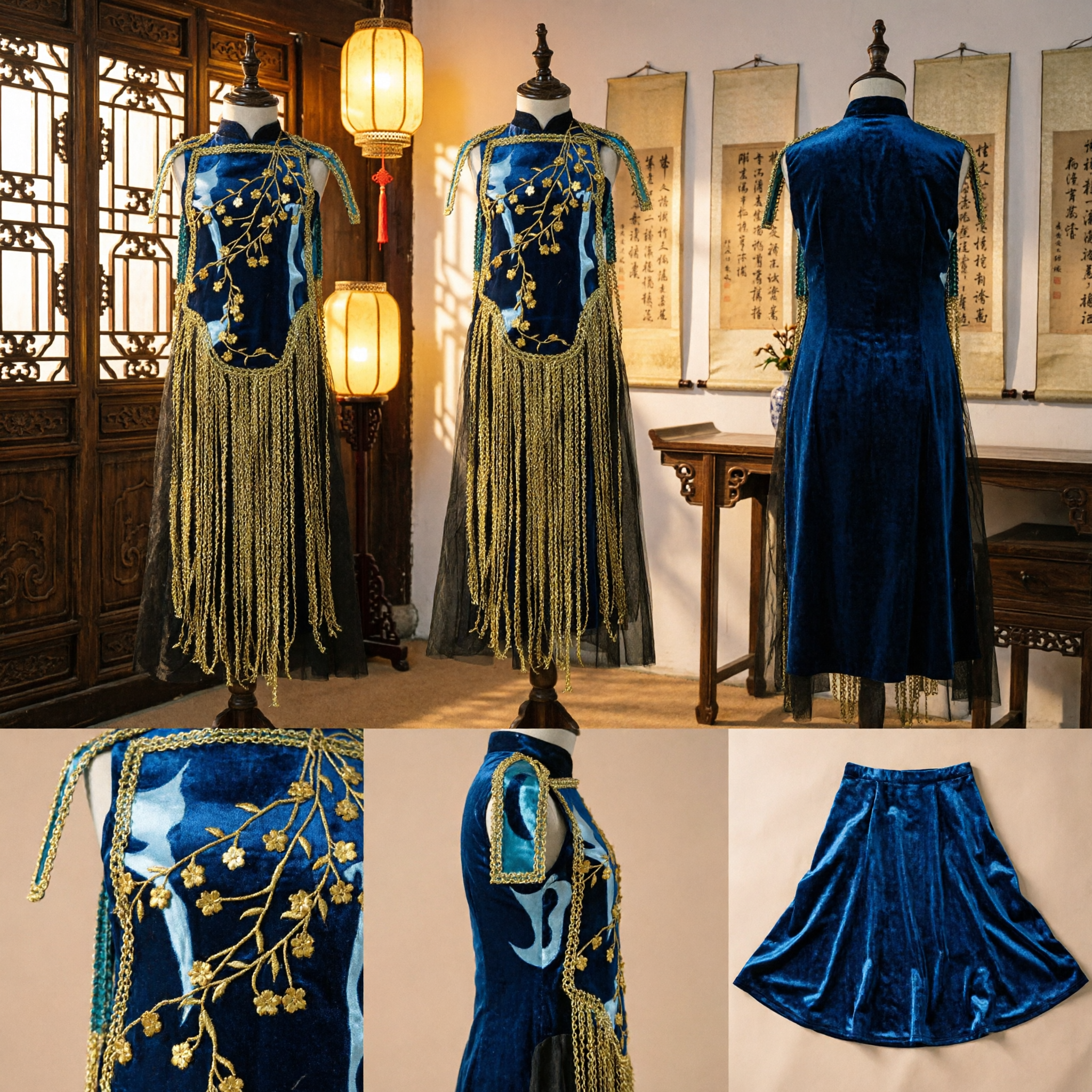 Women's Chinese Traditional Dance Costume Navy Blue Velvet Yunjian with Gold Embroidery and Long Fringe Tassels - Asian Costume