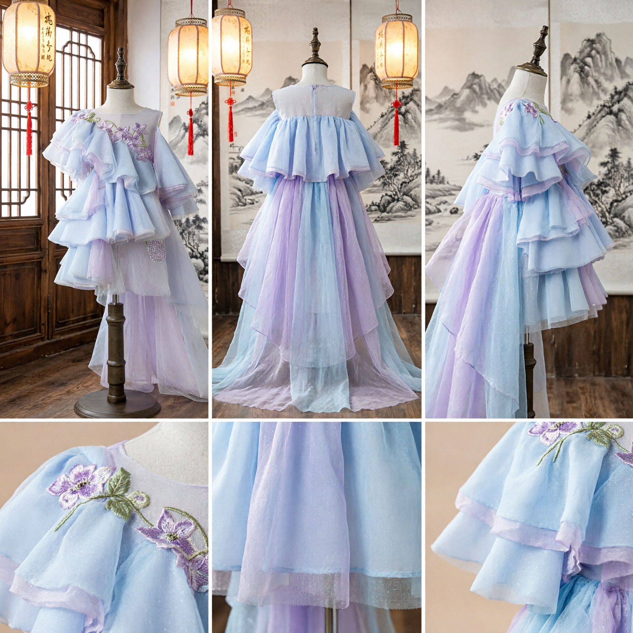 Elegant Blue Children's Hanfu Fairy Dress with Floral Embroidery for Stage Performance and Recitals - Asian Costume