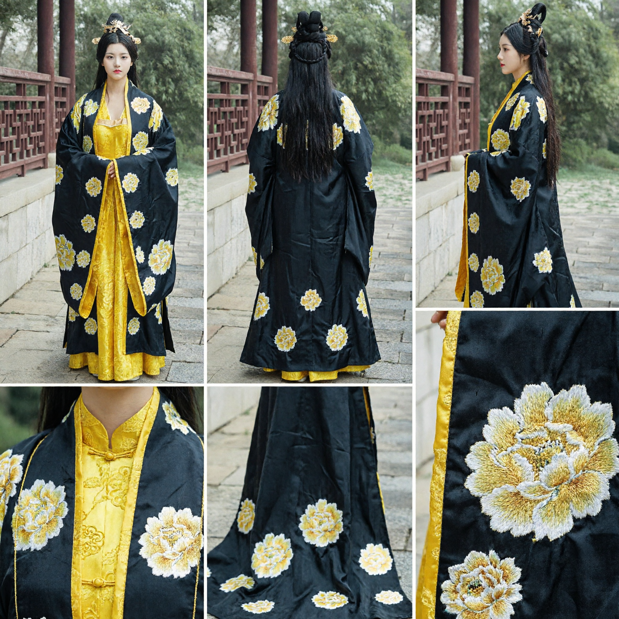 Traditional Chinese Tang Dynasty Hanfu Costume Yellow Princess Dress with Black Floral Robe for Women - Asian Costume