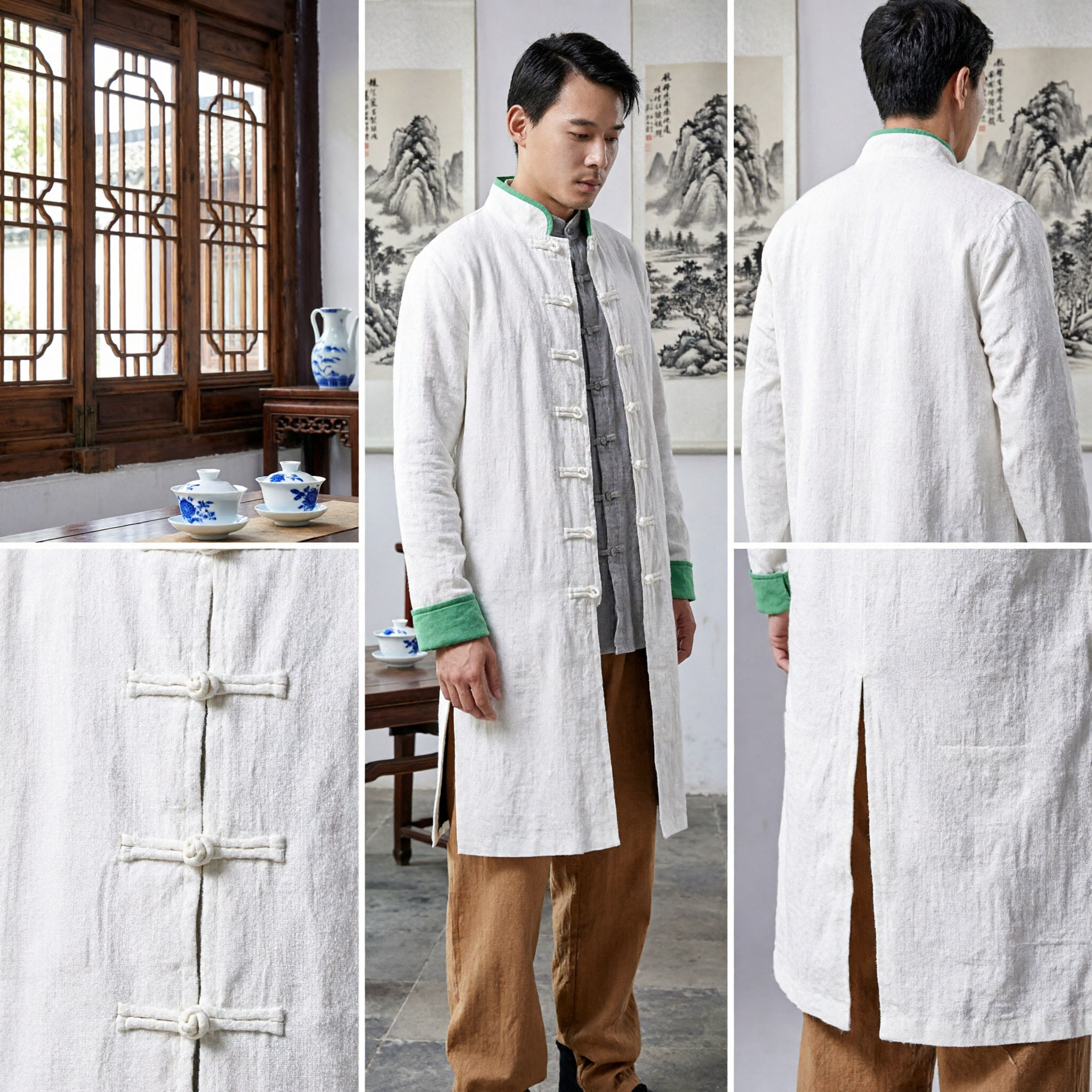Men's Traditional Chinese Tang Suit Long Coat Kung Fu Tai Chi Uniform Linen Jacket with Mandarin Collar - Asian Costume