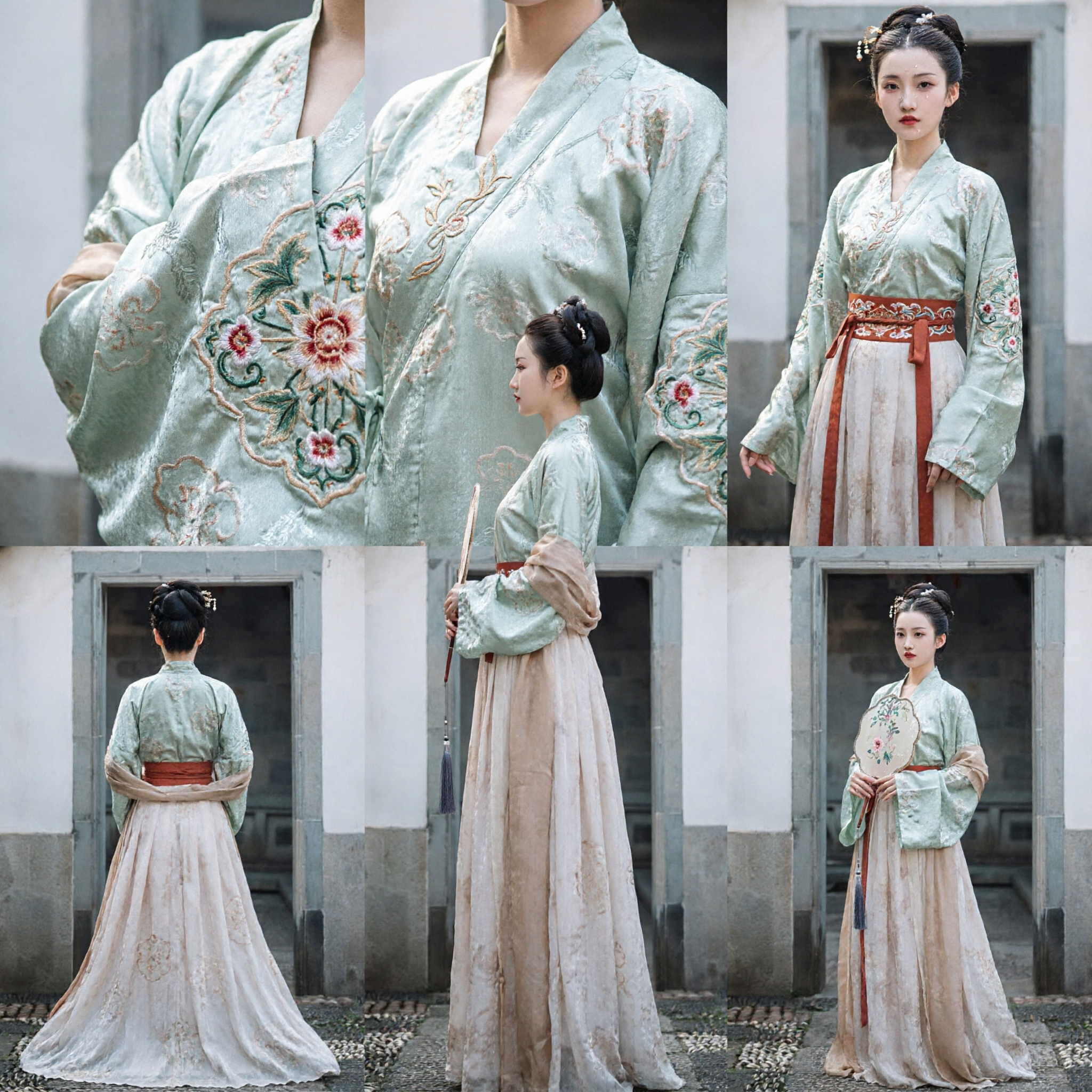 Traditional Chinese Hanfu Costume for Women Ancient Ming Dynasty Style Light Green Top and Beige Skirt Set for Photography - Asian Costume