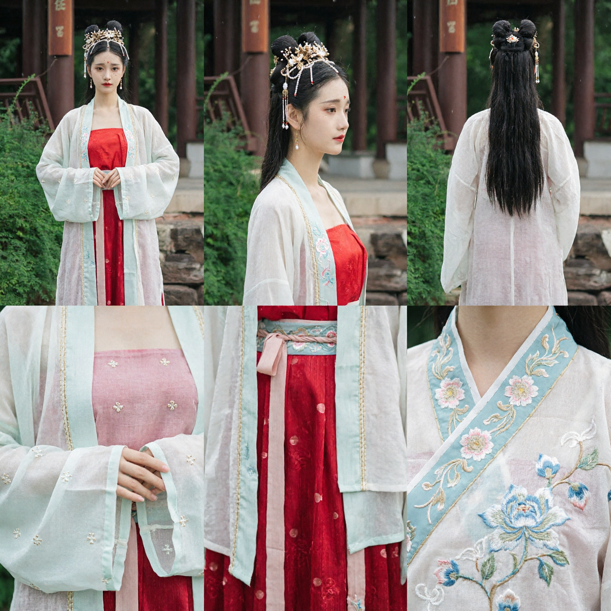 Elegant Traditional Chinese Hanfu Costume Ancient Style Red Skirt with White Sheer Outerwear for Women Photography - Asian Costume