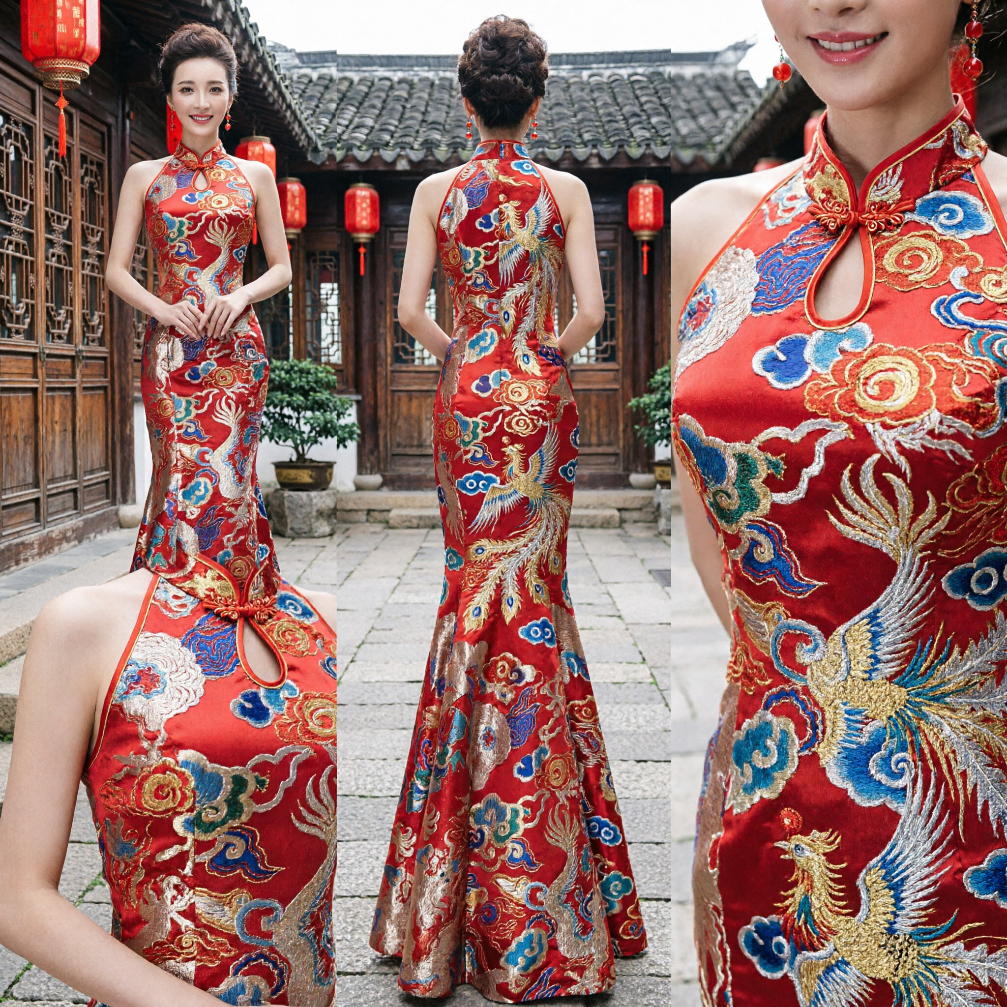 Traditional Red Chinese Wedding Dress Dragon Phoenix Pattern Mermaid Qipao Evening Gown for Bride - Asian Costume