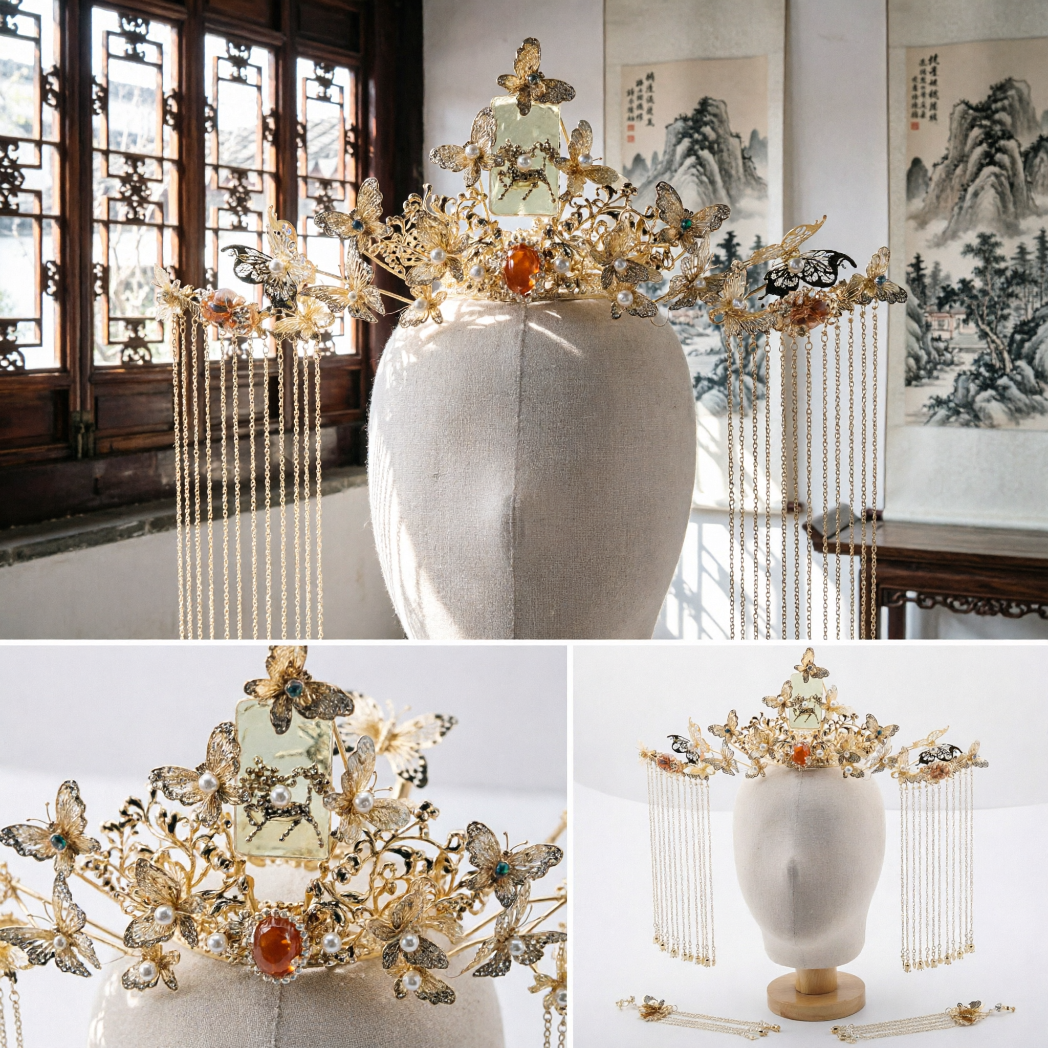 Traditional Chinese Gold Butterfly Hair Crown with Long Tassels Ancient Hanfu Headpiece Set for Wedding Bride - Asian Costume