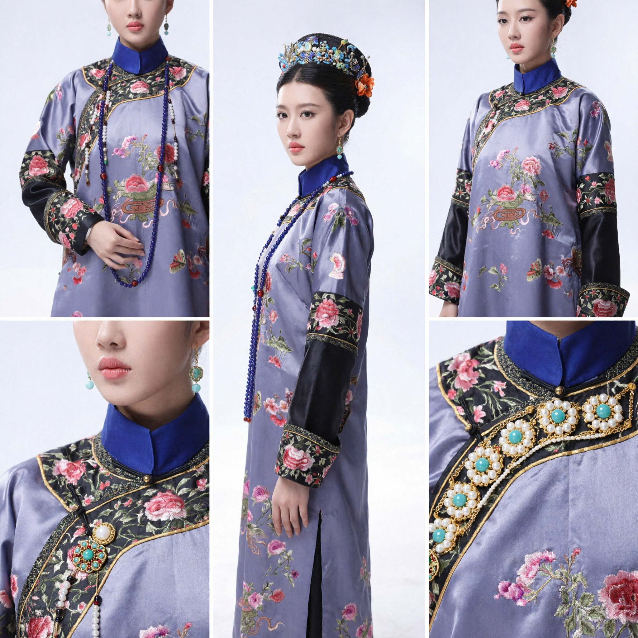 Traditional Chinese Qing Dynasty Costume Purple Floral Embroidered Robe Women's Historical Dress Complete Set with Headpiece - Asian Costume