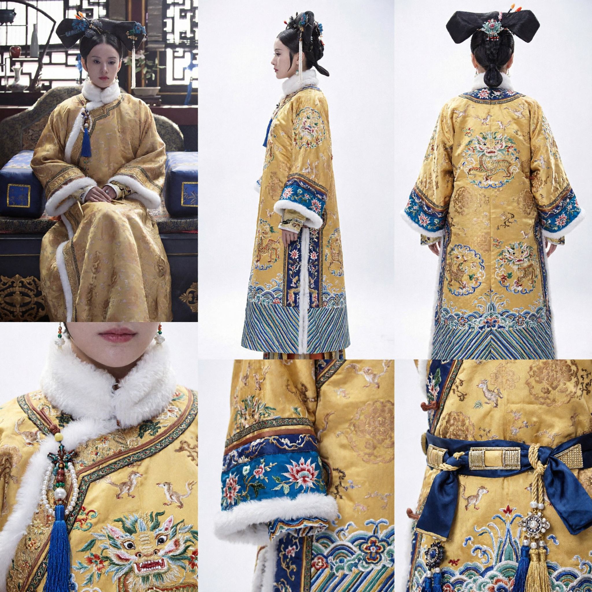 Ancient Chinese Qing Dynasty Manchu Princess Costume Yellow Fur Trim Robe for Women Cosplay Historical Drama - Asian Costume