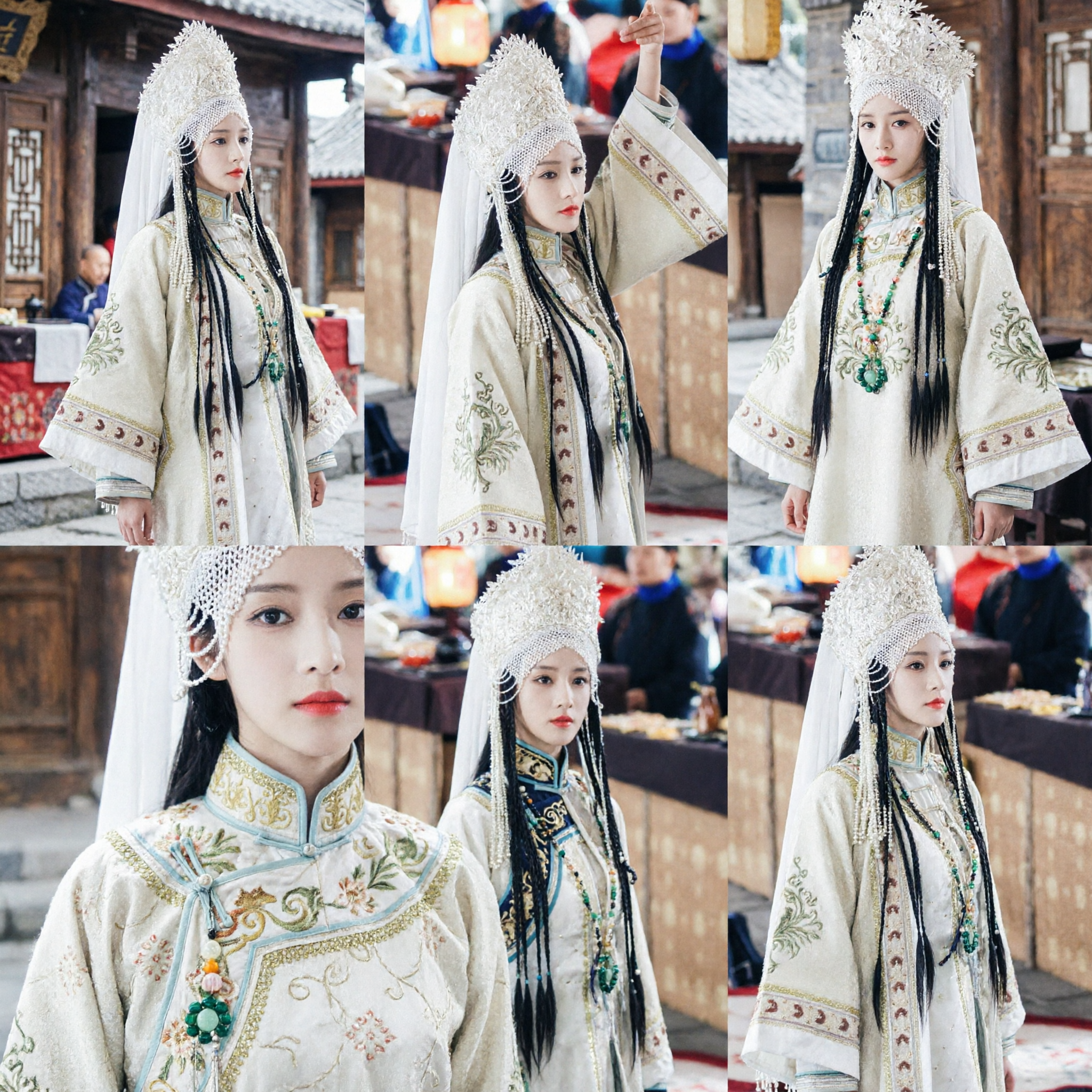 Traditional Chinese Ancient Mongol Noblewoman Costume White Embroidered Hanfu Set with Headdress for Women Cosplay - Asian Costume