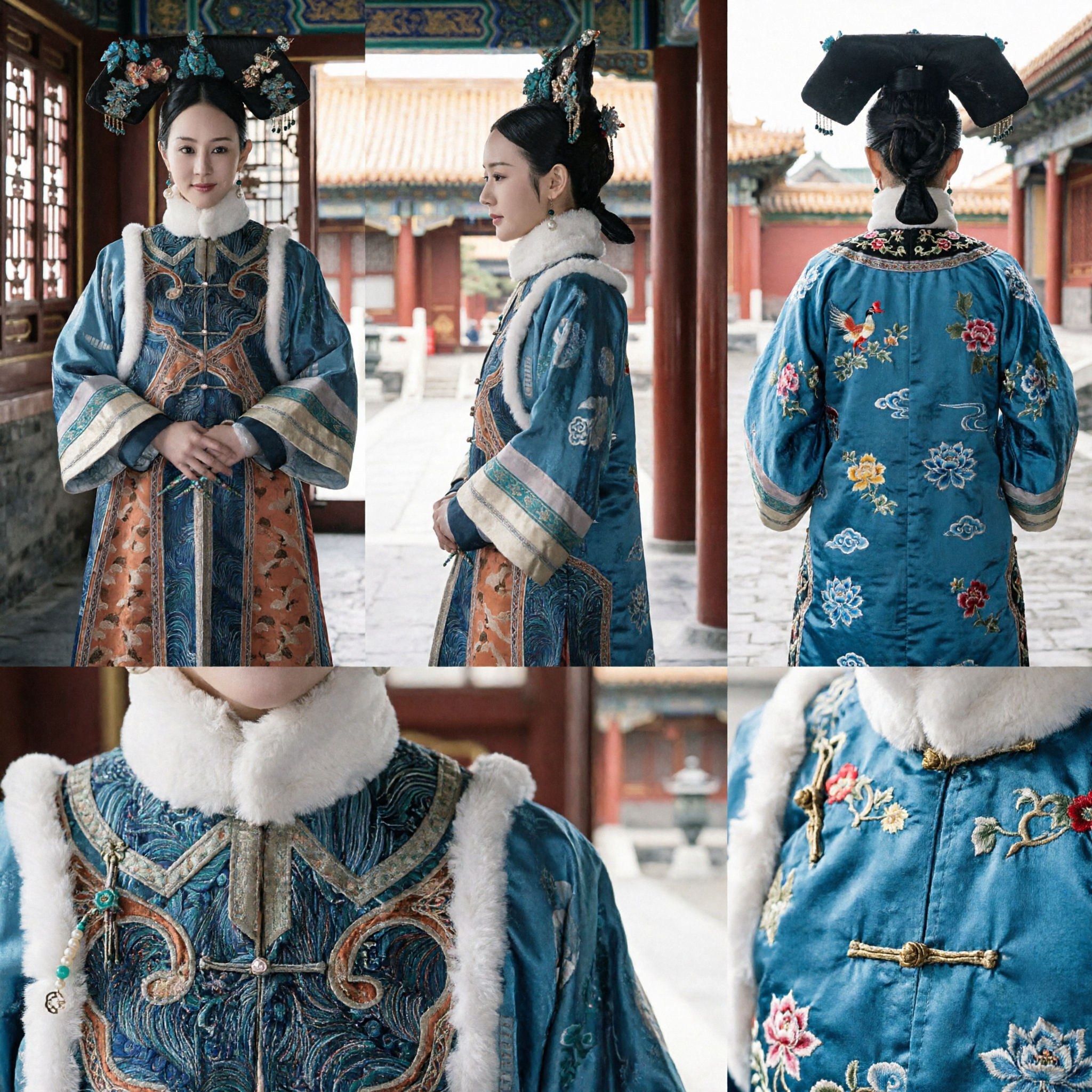 Traditional Chinese Qing Dynasty Noble Lady Blue Embroidered Robe Costume with Fur Trim and Headdress for Women - Asian Costume