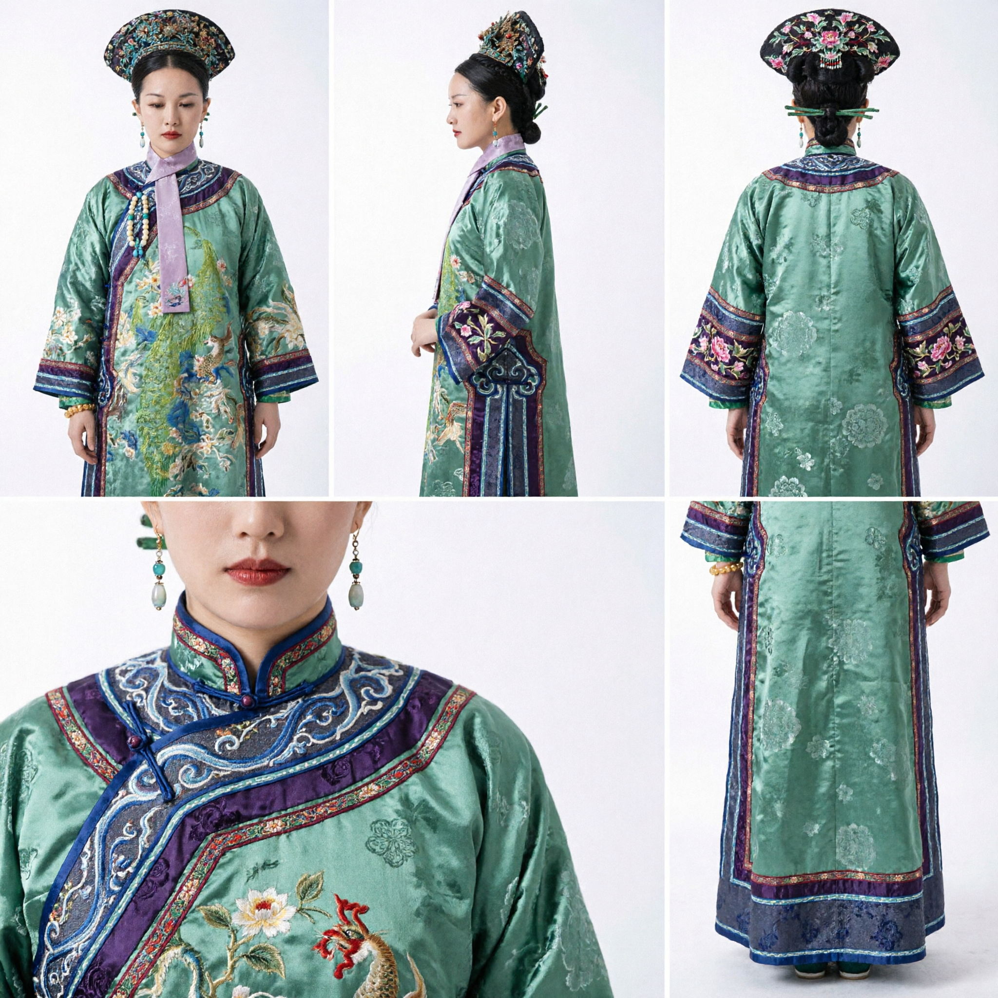 Elegancki zielony haftowany strój dworski z dynastii Qing, tradycyjny chiński kostium do cosplayu z dramatów historycznych dla kobiet - Asian Costume