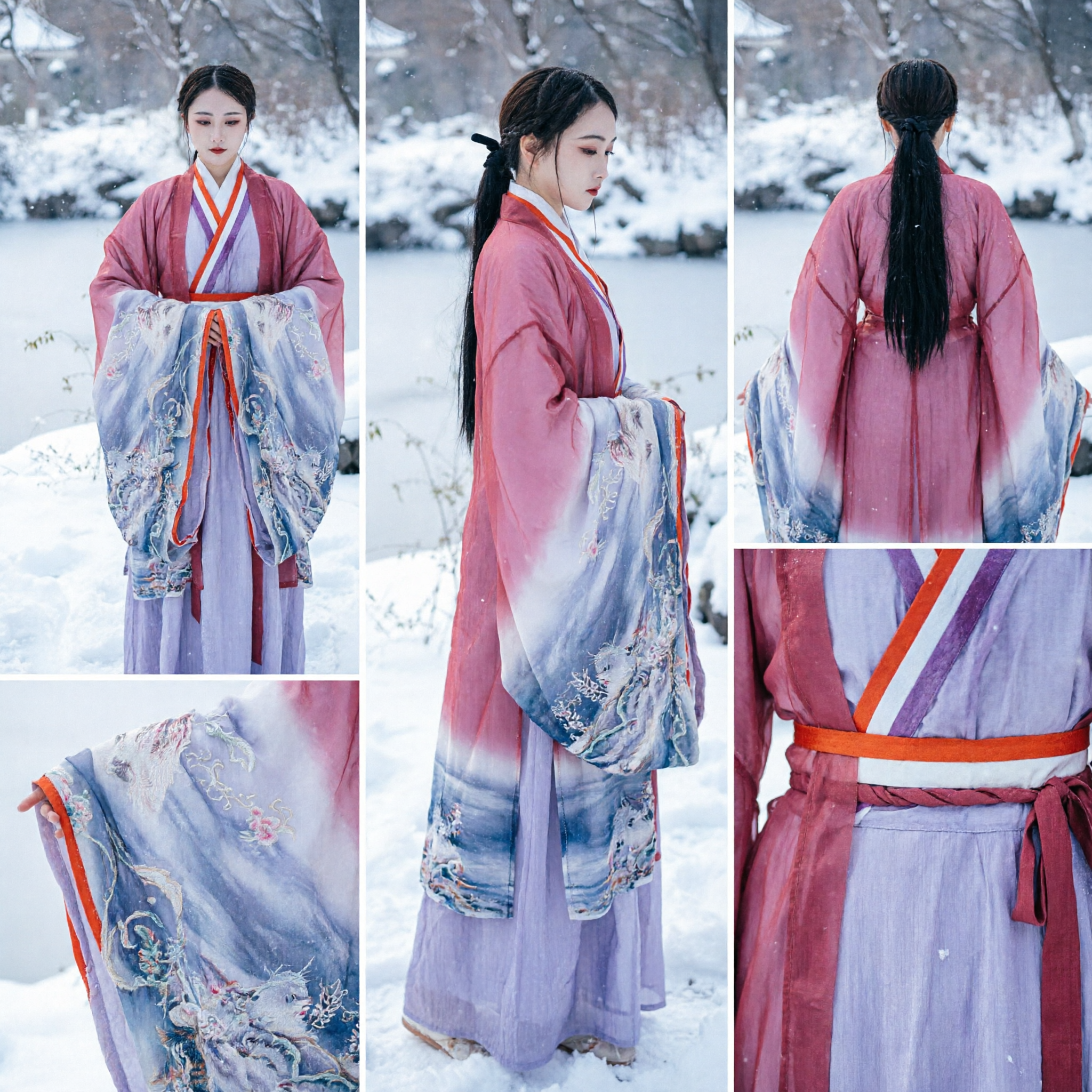 Women's Traditional Chinese Hanfu Pink Sheer Robe and Purple Landscape Skirt Ancient Costume for Cosplay - Asian Costume