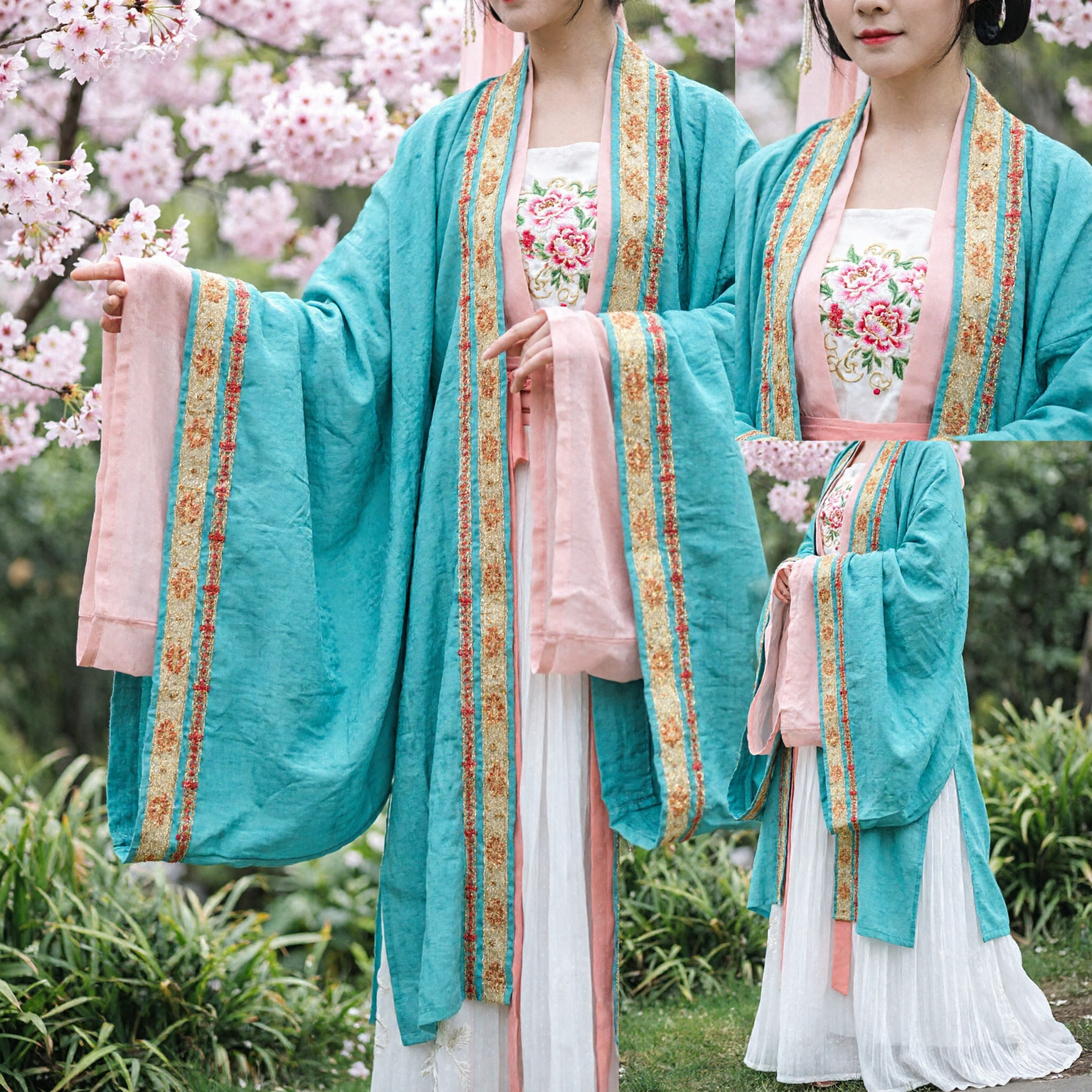 Traditional Chinese Hanfu Tang Dynasty Princess Costume Teal Embroidered Wide Sleeve Robe Set for Women - Asian Costume