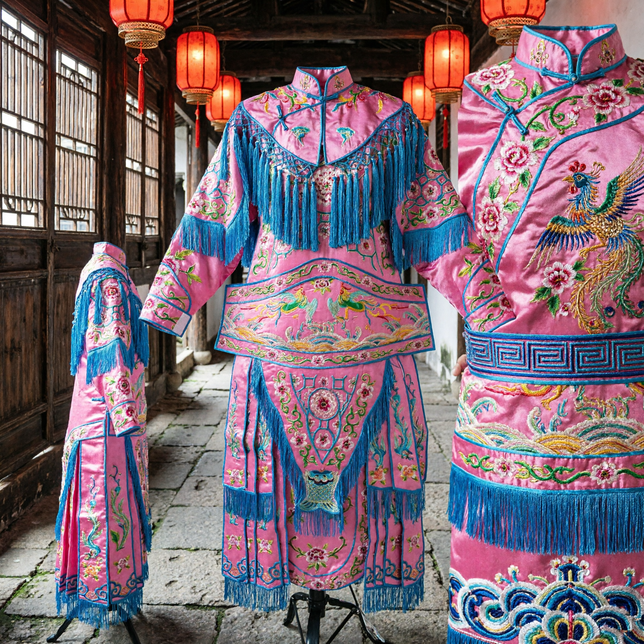 Pink Chinese Traditional Peking Opera Costume with Blue Fringe Embroidery for Female Stage Performance - Asian Costume