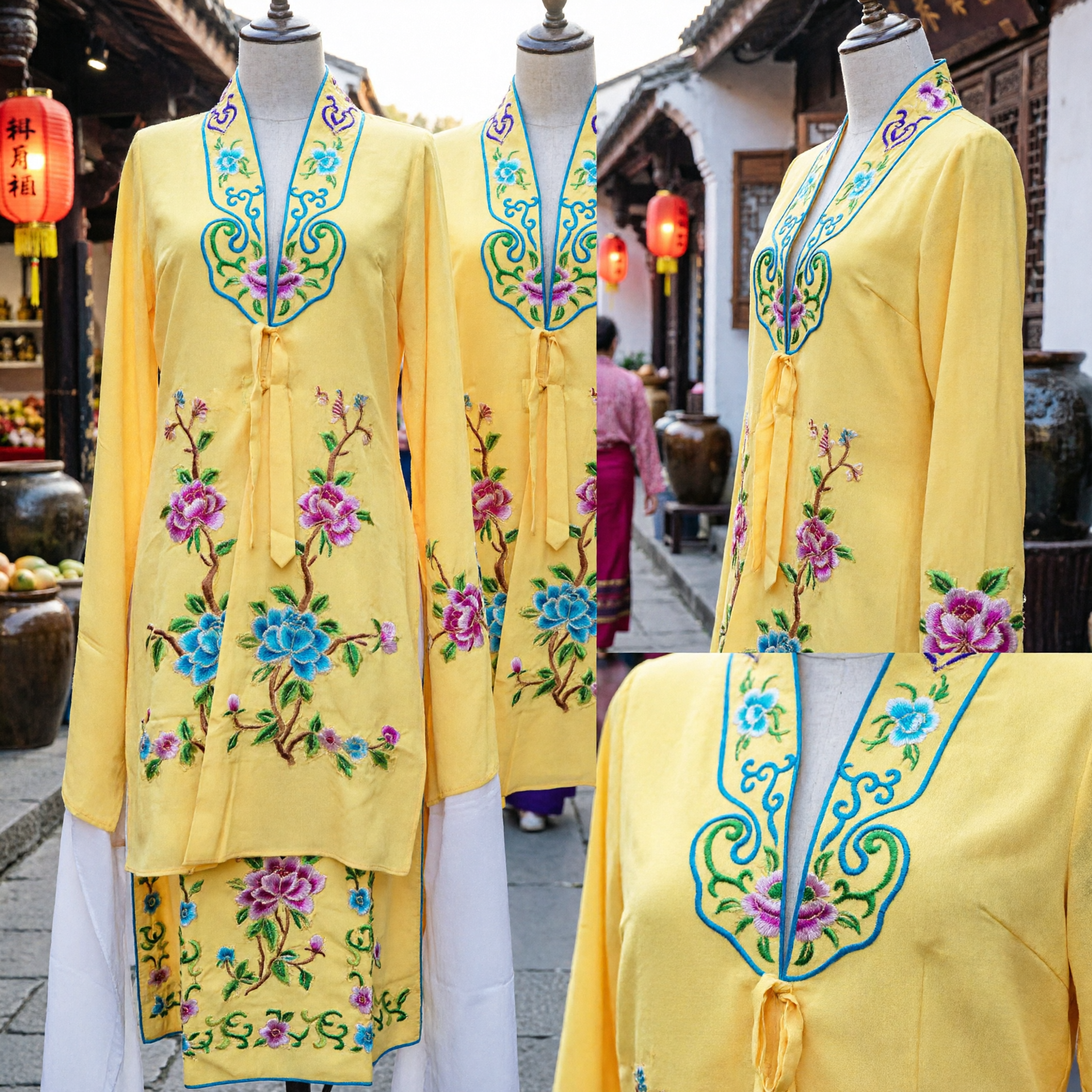 Bright Yellow Traditional Chinese Floral Embroidery Dance Costume for Women Folk Performance Outfit Set - Asian Costume