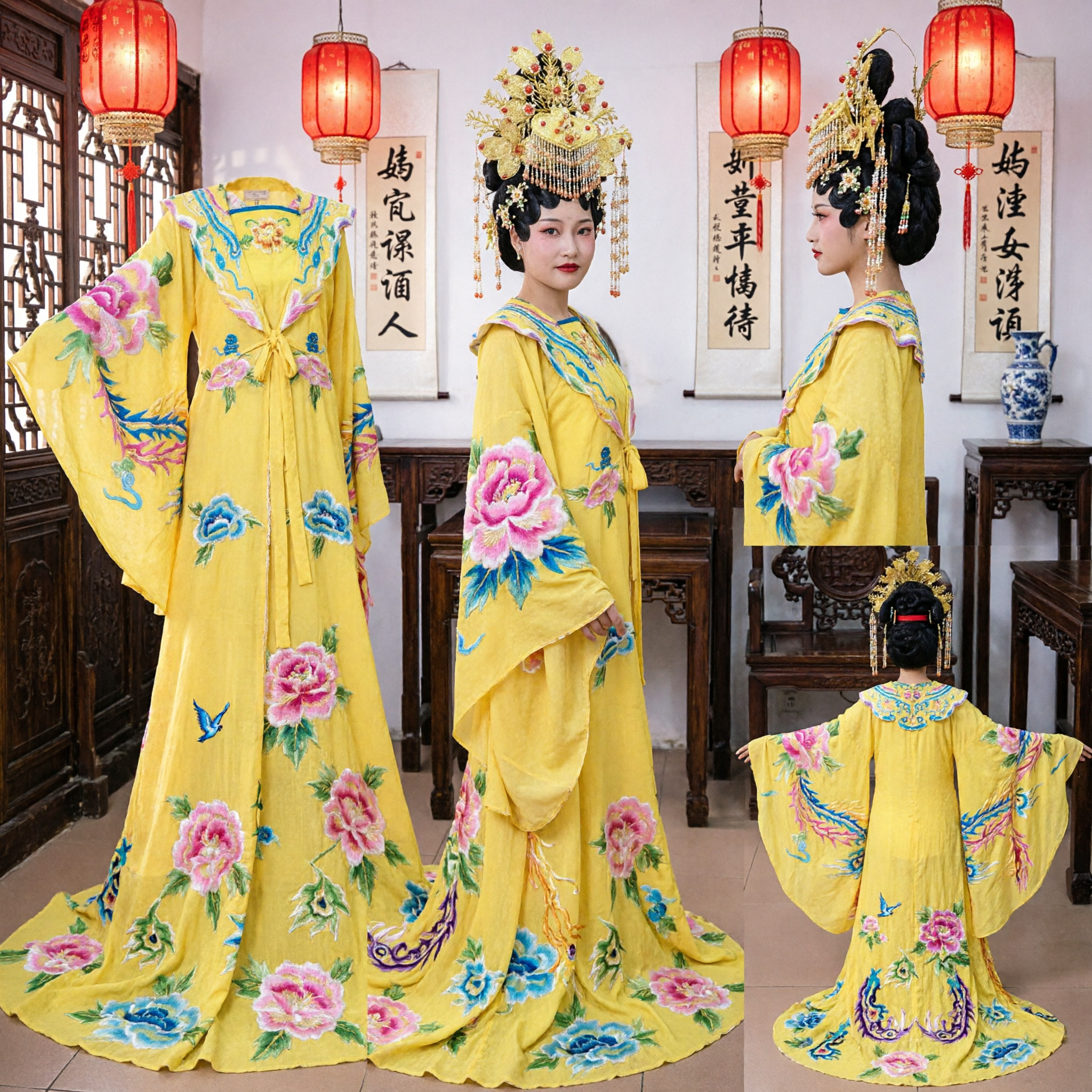 Traditional Chinese Peking Opera Yellow Embroidered Robe and Phoenix Headdress Set for Women Stage Performance - Asian Costume