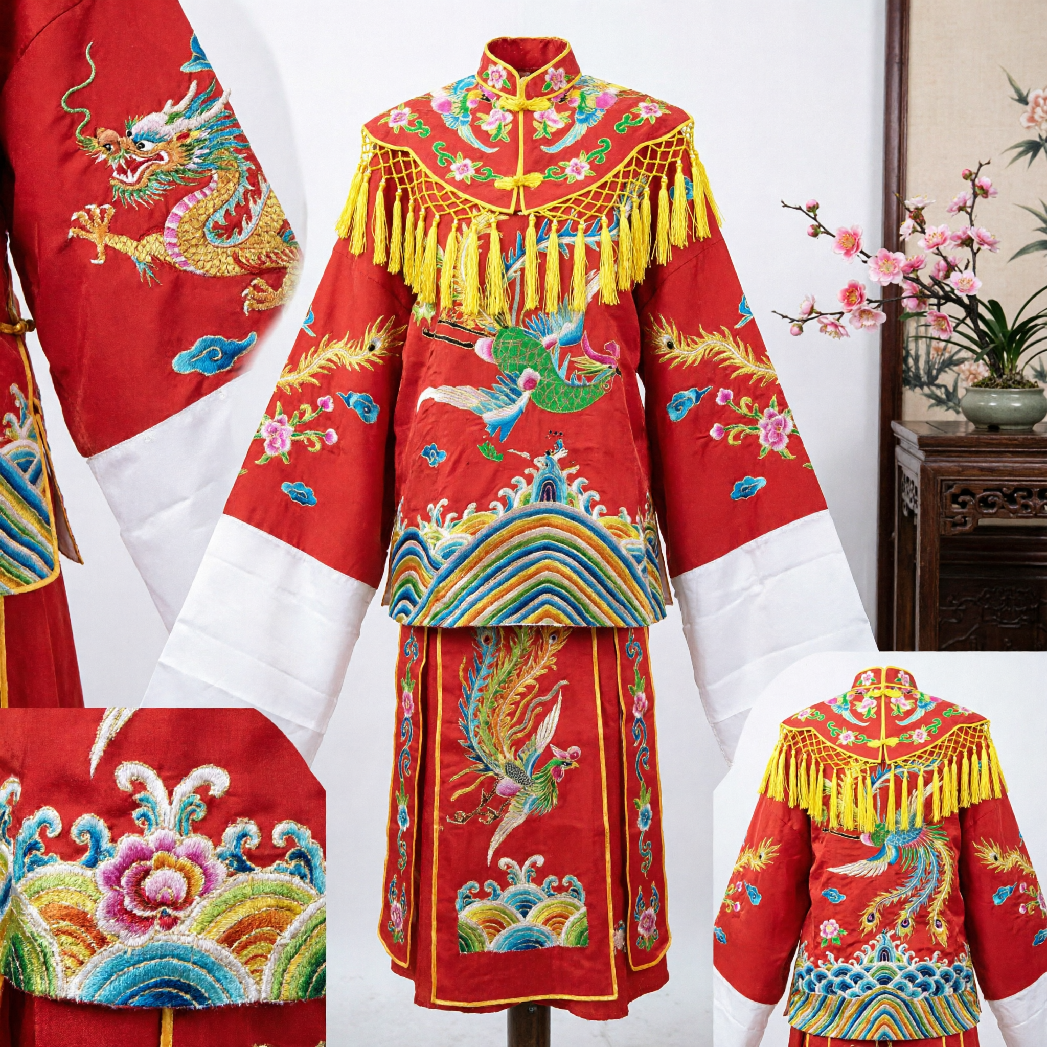 Traditional Chinese Peking Opera Costume Red Dragon and Phoenix Embroidered Robe with Tassels for Stage Performance - Asian Costume