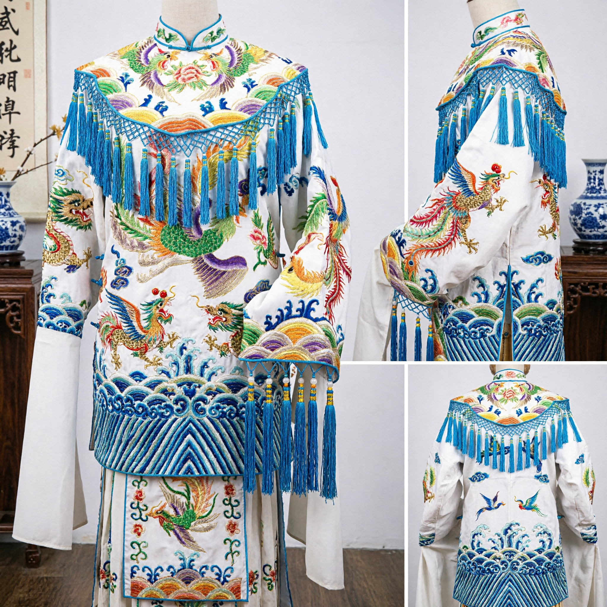 Traditional Chinese Peking Opera Costume White Embroidered Phoenix Robe with Water Sleeves for Stage Performance - Asian Costume