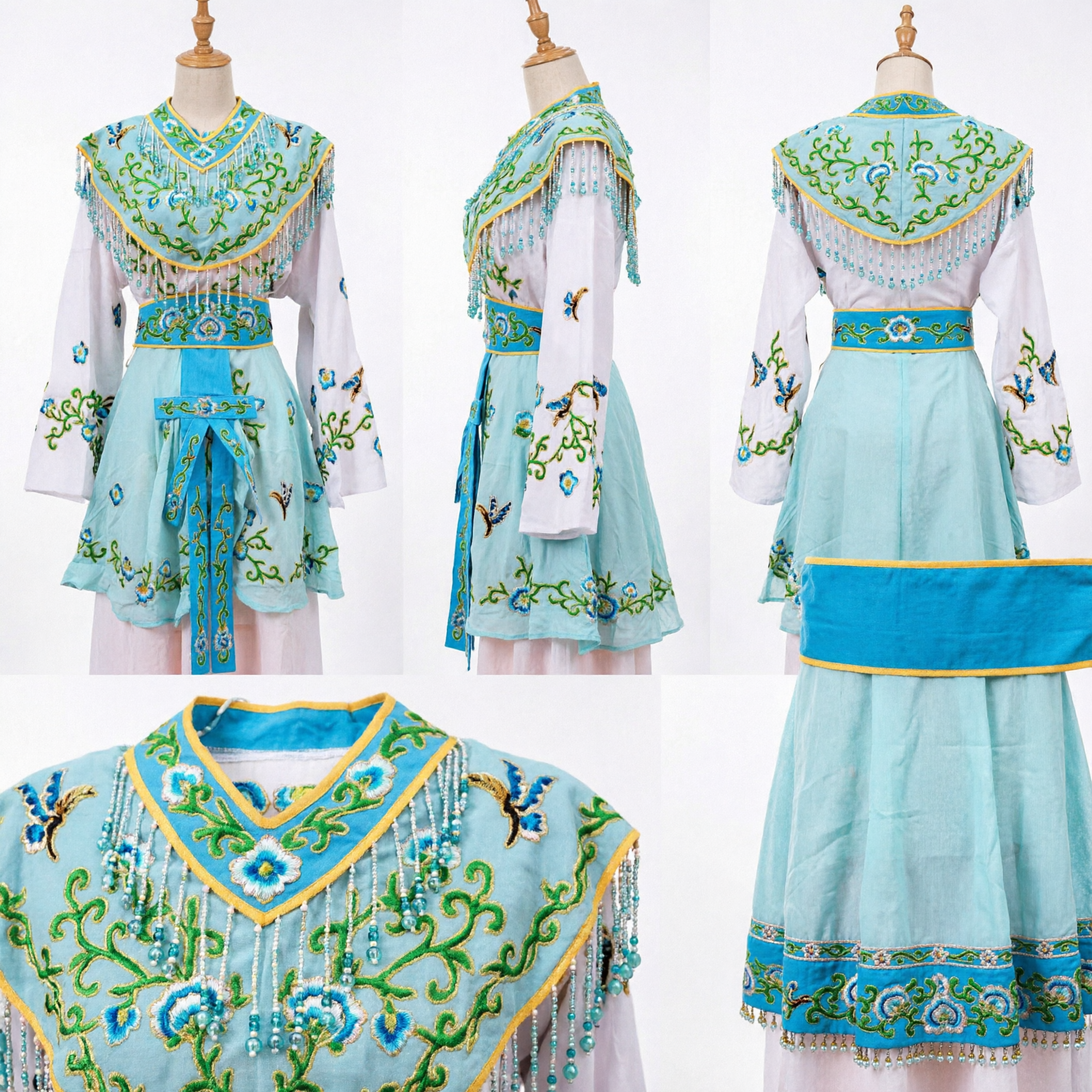 Traditional Chinese Beijing Opera Costume Blue Embroidered Cloud Shoulder Dress for Women Stage Performance Outfit - Asian Costume