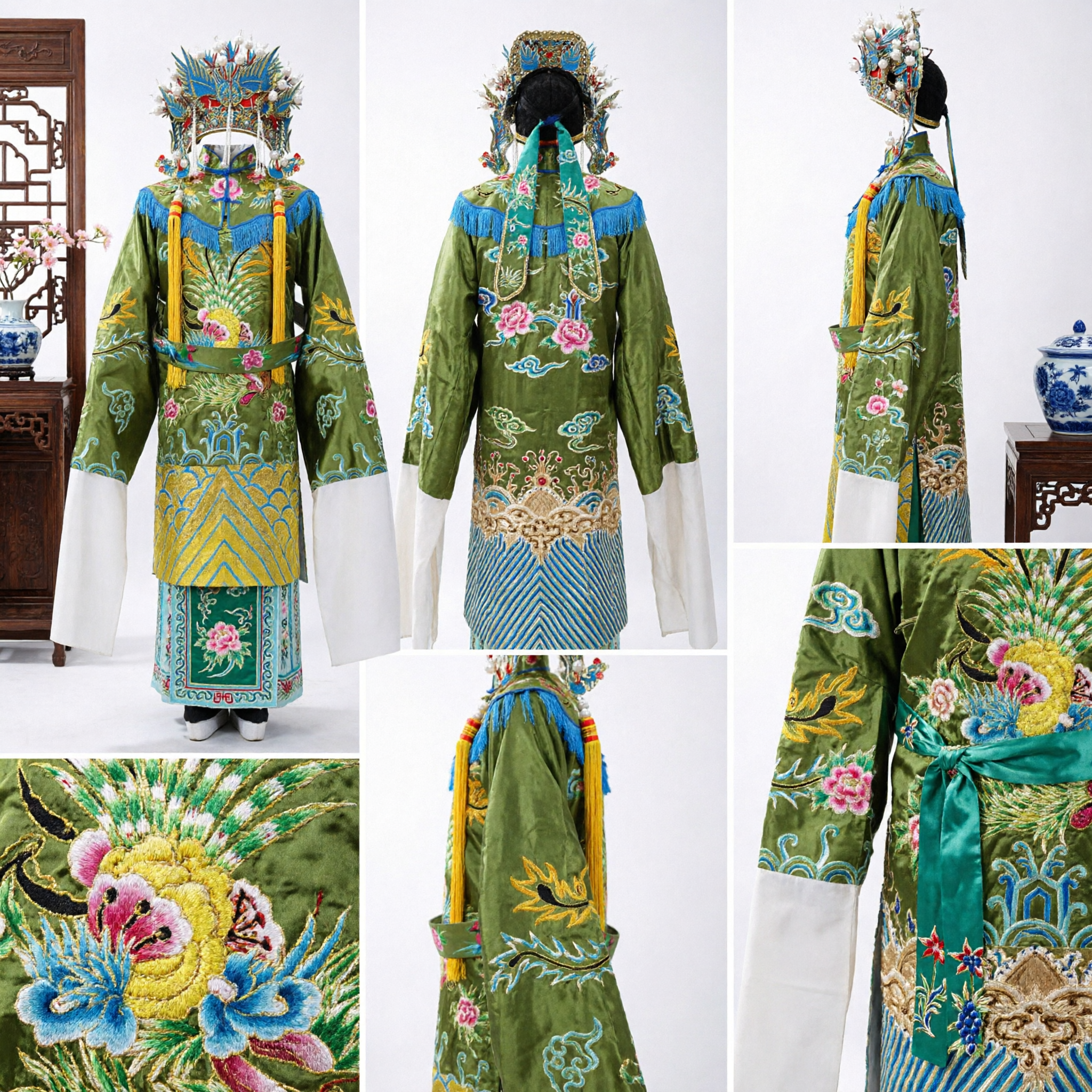 Traditional Chinese Peking Opera Costume Green Embroidered Phoenix Robe with Headdress for Women's Stage Performance - Asian Costume