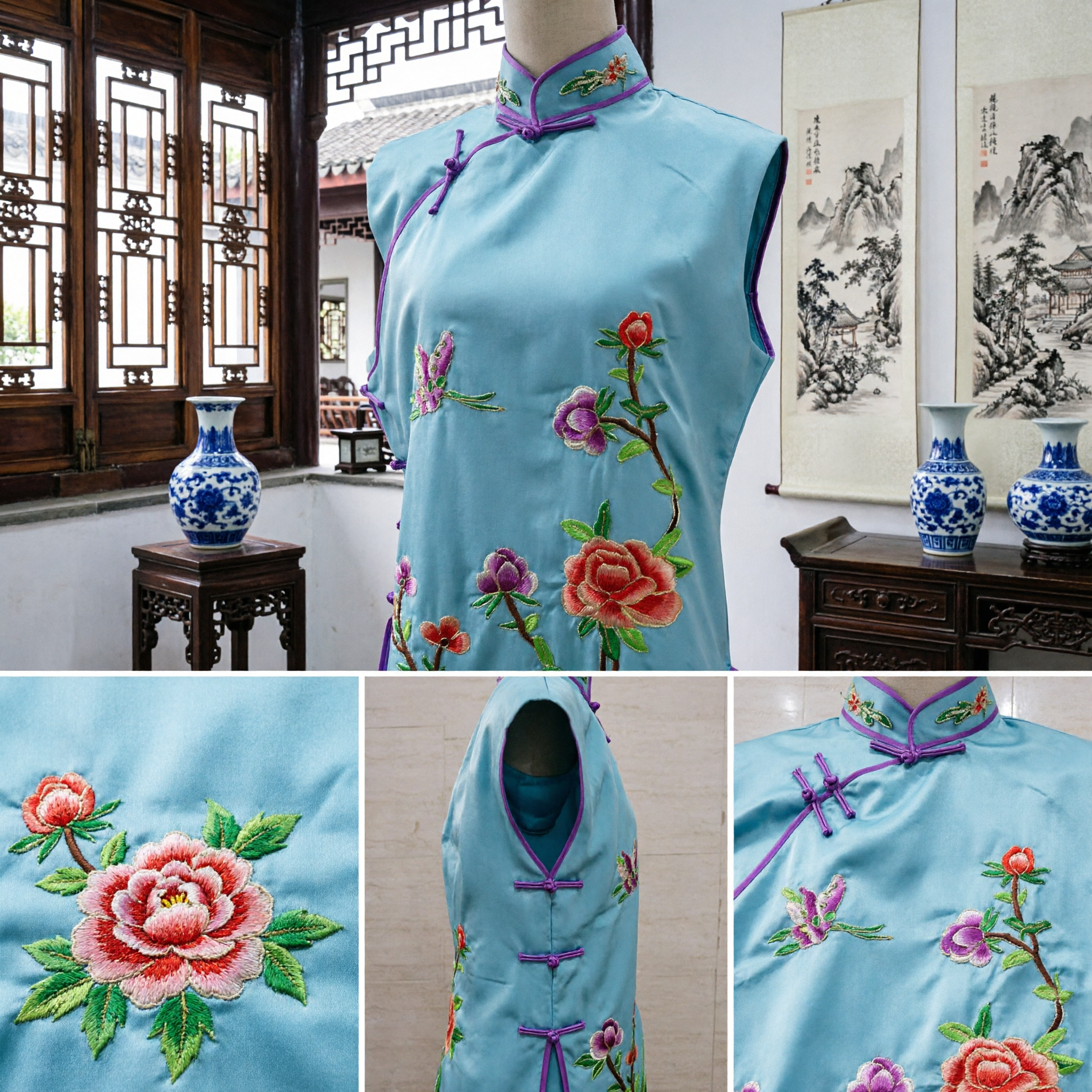 Elegant Light Blue Silk Cheongsam Top Sleeveless Floral Embroidery Traditional Chinese Style Blouse for Women - Asian Costume