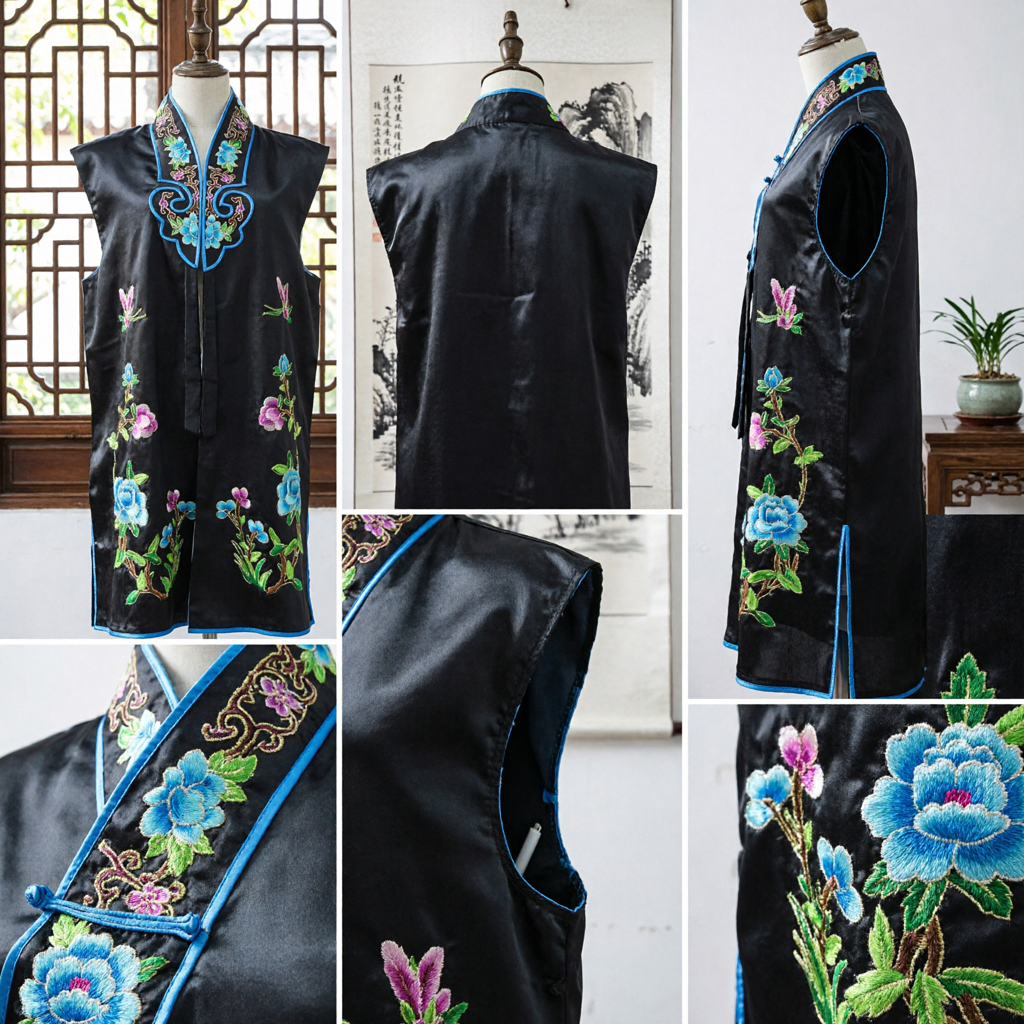 Women's Traditional Chinese Black Silk Vest Floral Embroidery Tang Suit Mandarin Collar Waistcoat for Events - Asian Costume