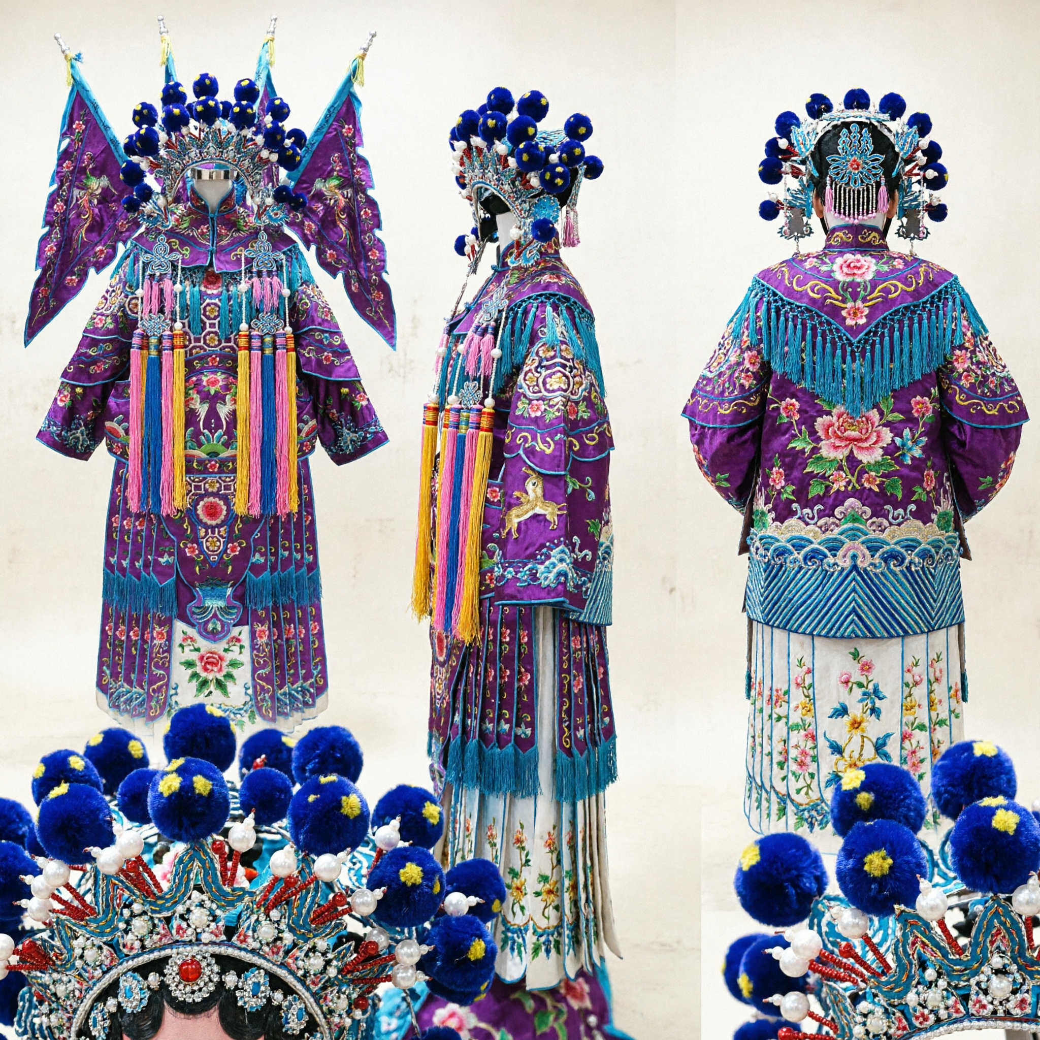 Traditional Purple Peking Opera General Armor Costume with Flags and Headdress for Adult Men Performance - Asian Costume