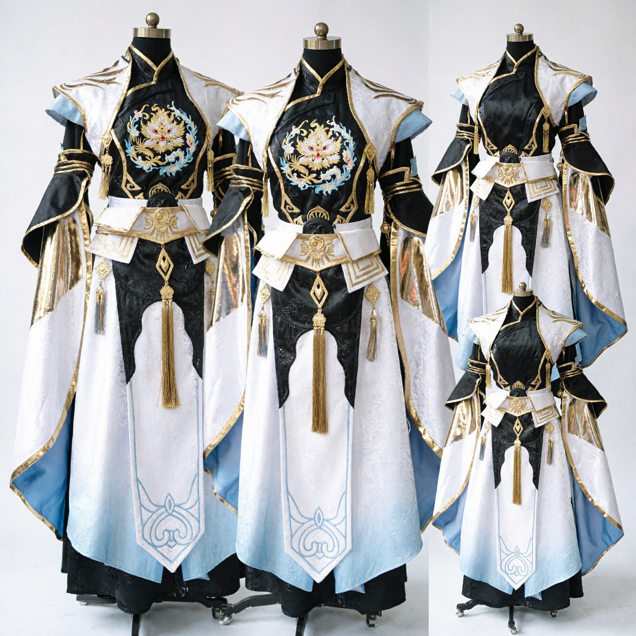 Men's Ancient Chinese Wuxia Swordsman Costume Black and White Fantasy Robe with Gold Trim for Cosplay - Asian Costume