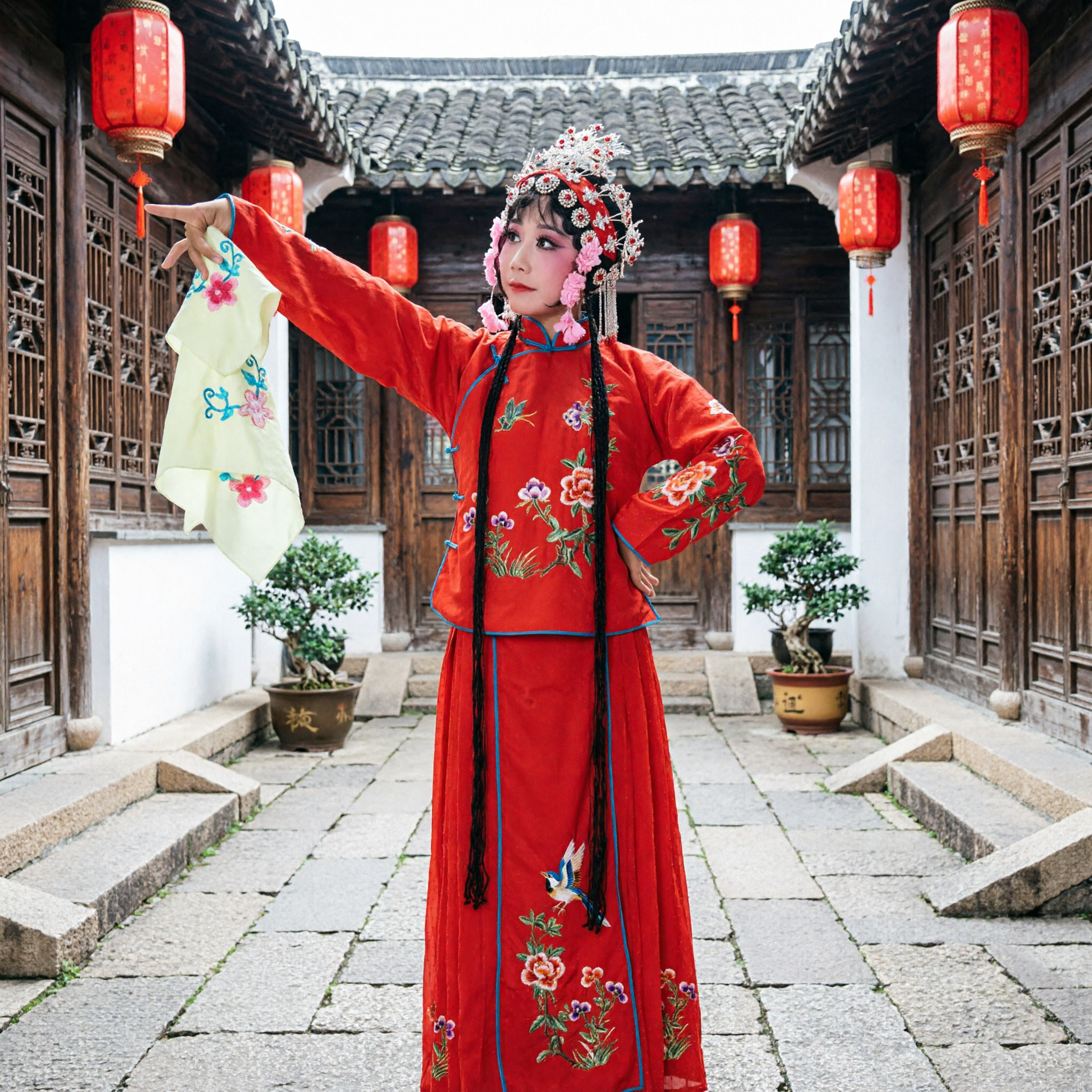 Traditional Chinese Peking Opera Costume Red Floral Embroidery Female Dan Role Stage Performance Dress for Women - Asian Costume