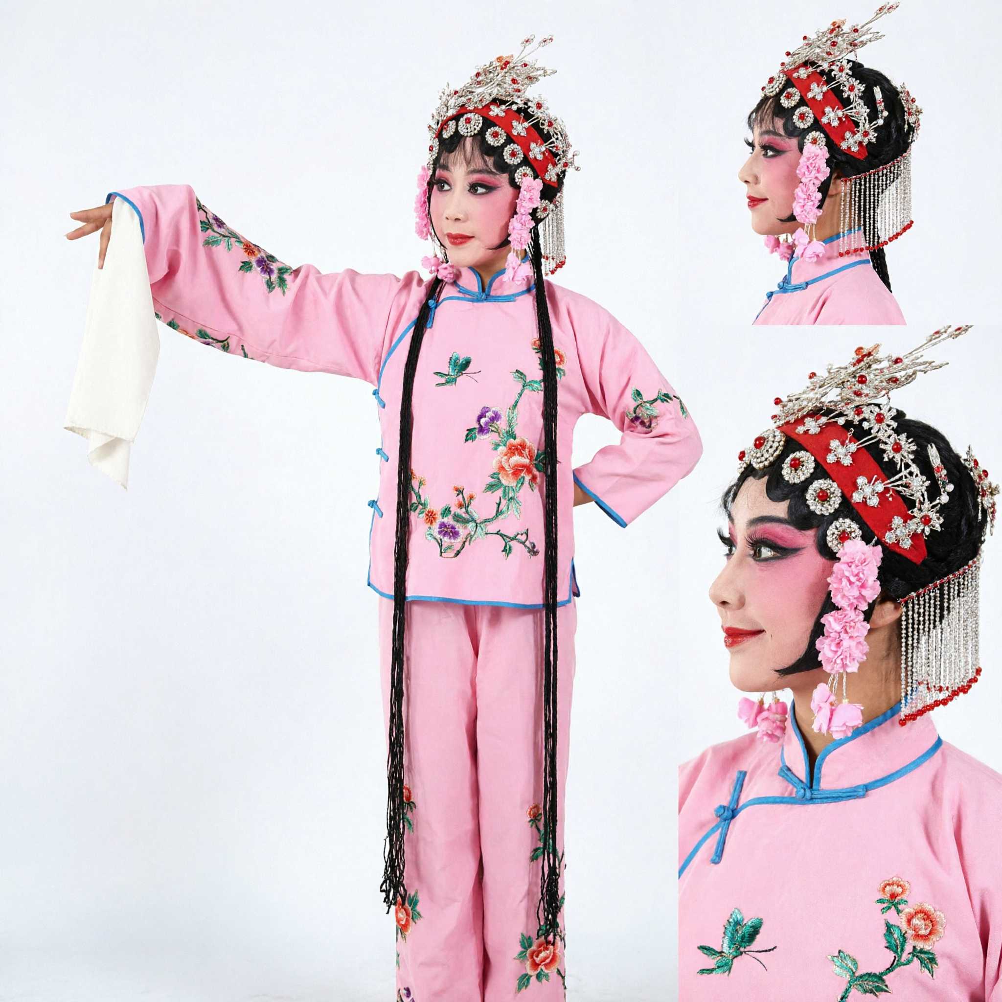 Traditional Pink Chinese Opera Costume Embroidered Floral Jacket and Pants Set for Women Stage Performance - Asian Costume