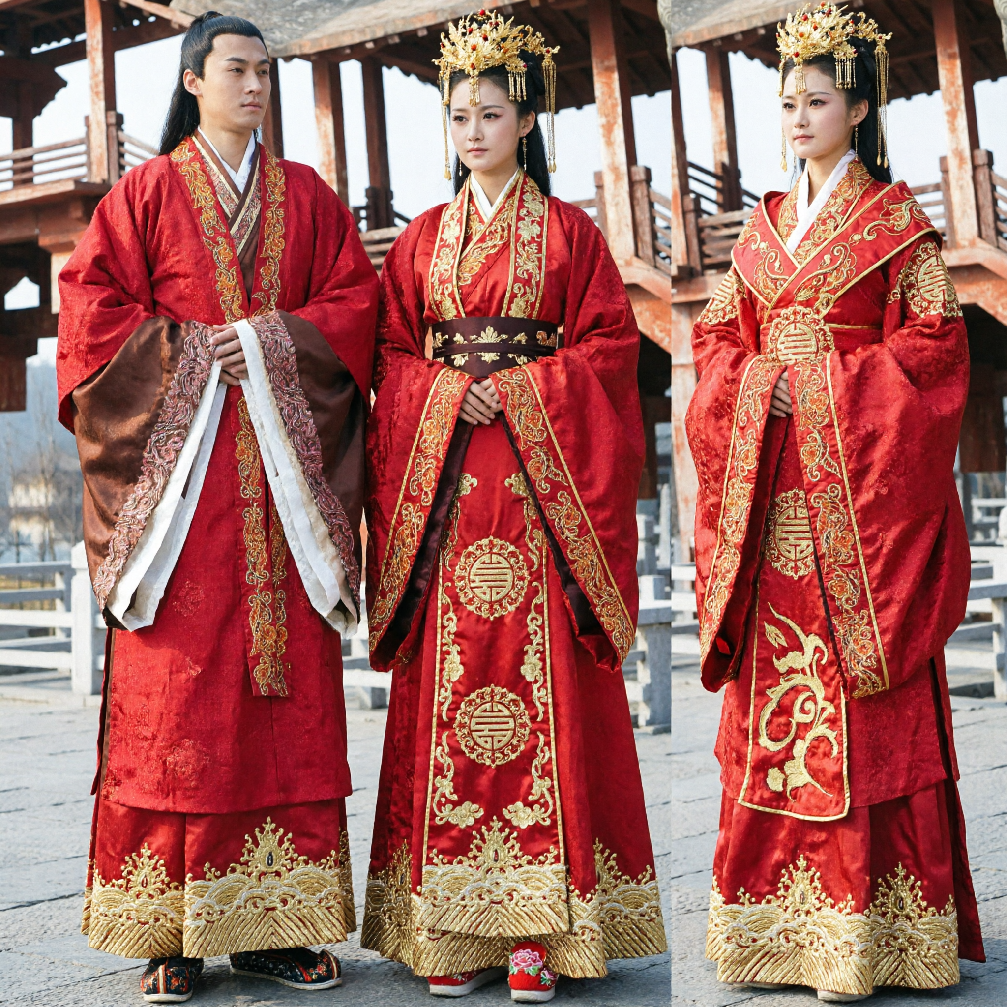 Ancient Chinese Wedding Hanfu Costume Red Gold Embroidery Emperor Empress Couple Dress for Traditional Ceremony - Asian Costume