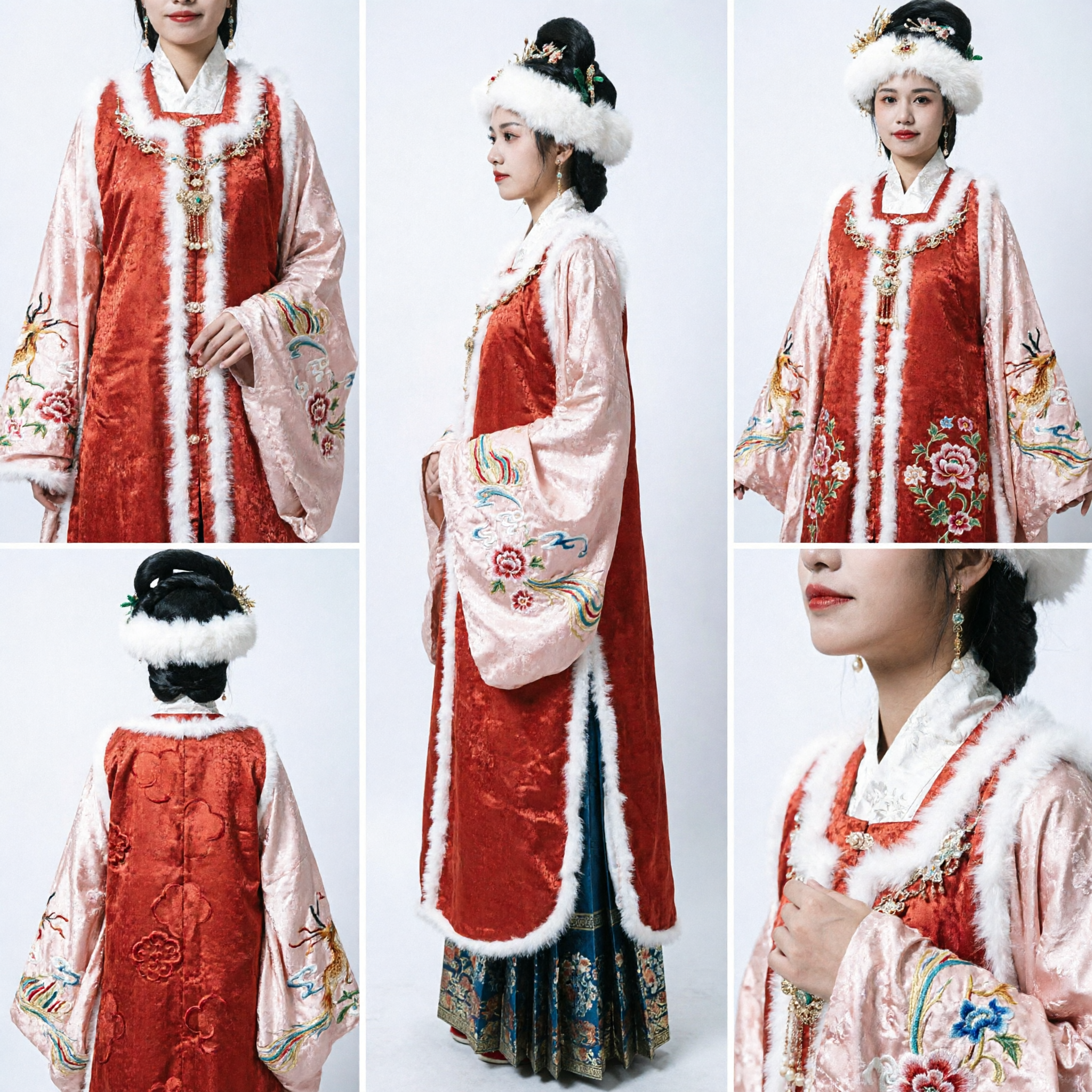 Traditional Chinese Hanfu Ming Dynasty Winter Red Robe with White Fur Trim Ancient Costume for Women - Asian Costume