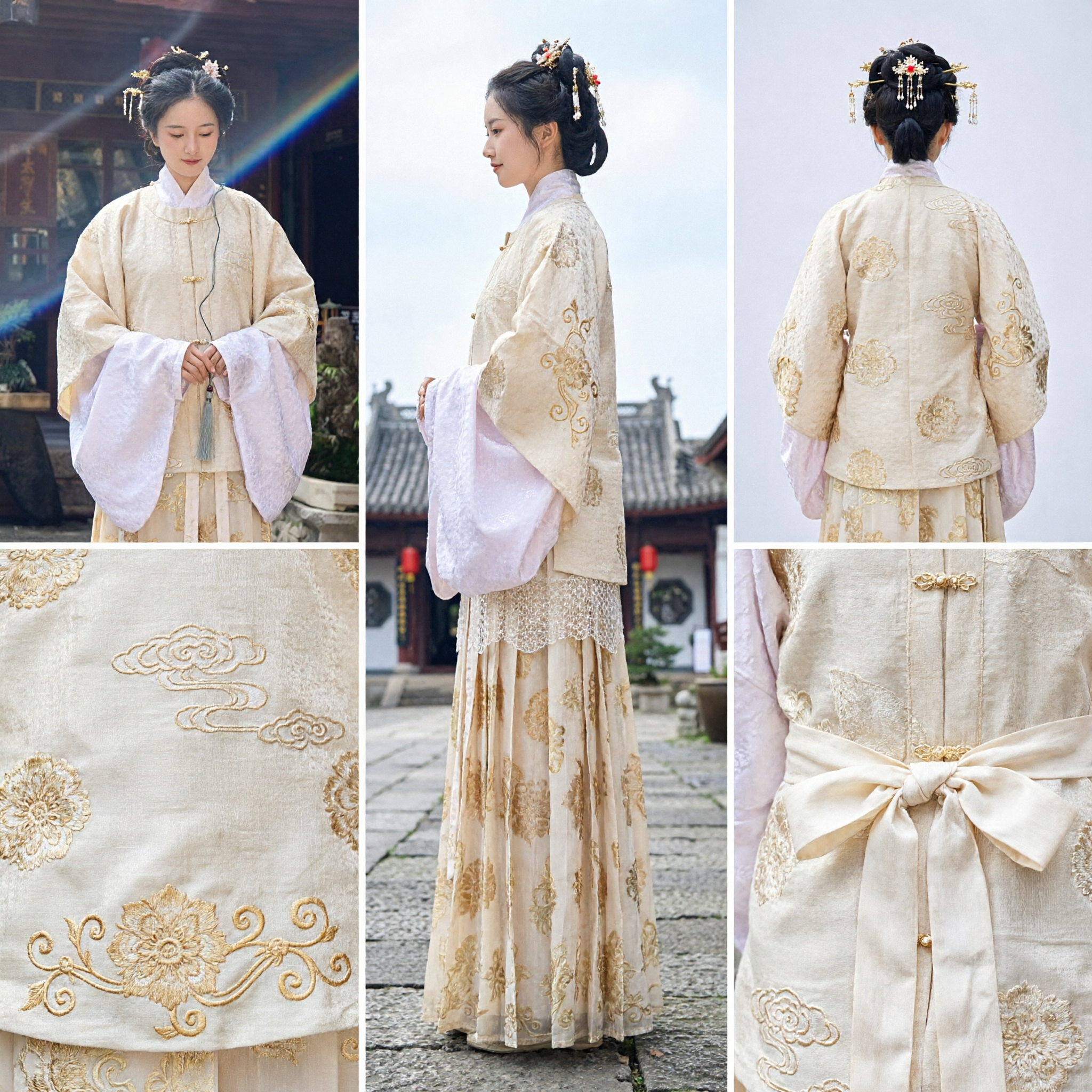 Elegant Women's Traditional Chinese Hanfu Set Cream Brocade Skirt and Top Classical Costume for Photography - Asian Costume