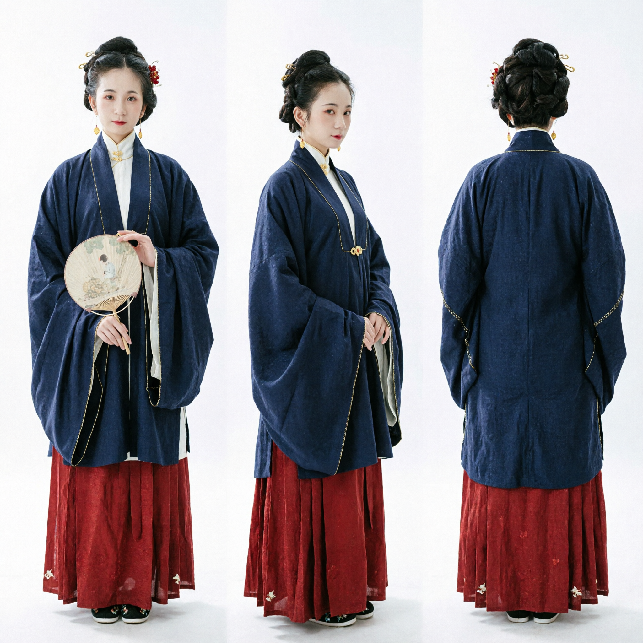 Traditional Chinese Hanfu Ming Dynasty Style Dark Blue Long Coat and Red Pleated Skirt Set for Women - Asian Costume