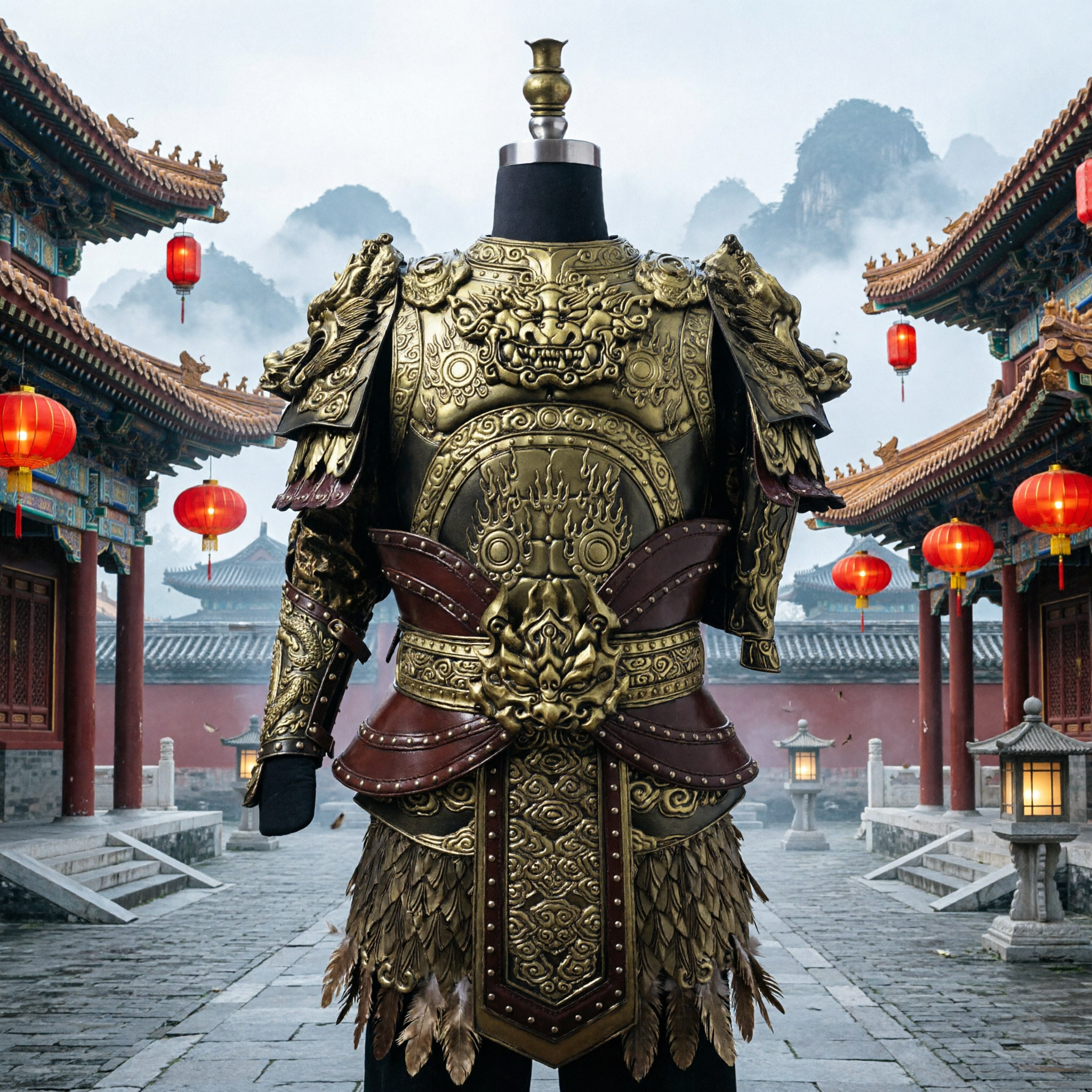 Ancient Chinese General Golden Dragon Armor Costume Metal Chestplate and Shoulder Guards for Cosplay Events - Asian Costume