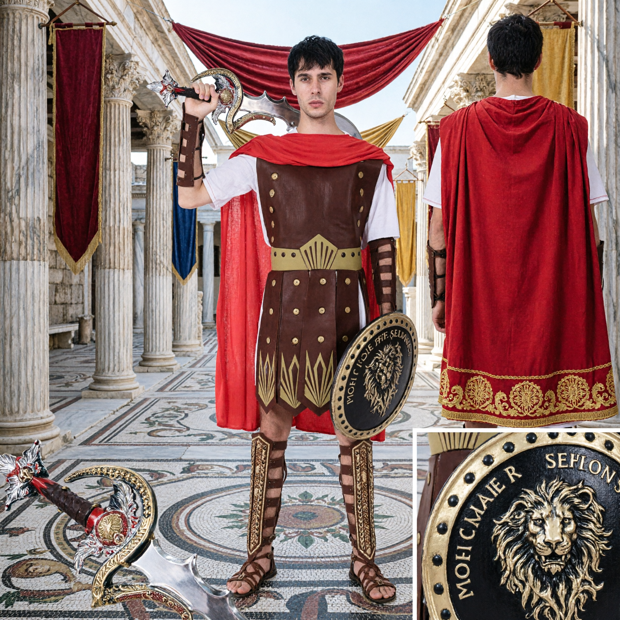 Ancient Greek Gold Spartan Armor Costume Set Adult Male Warrior Cosplay Outfit with Helmet Shield Spear - Asian Costume