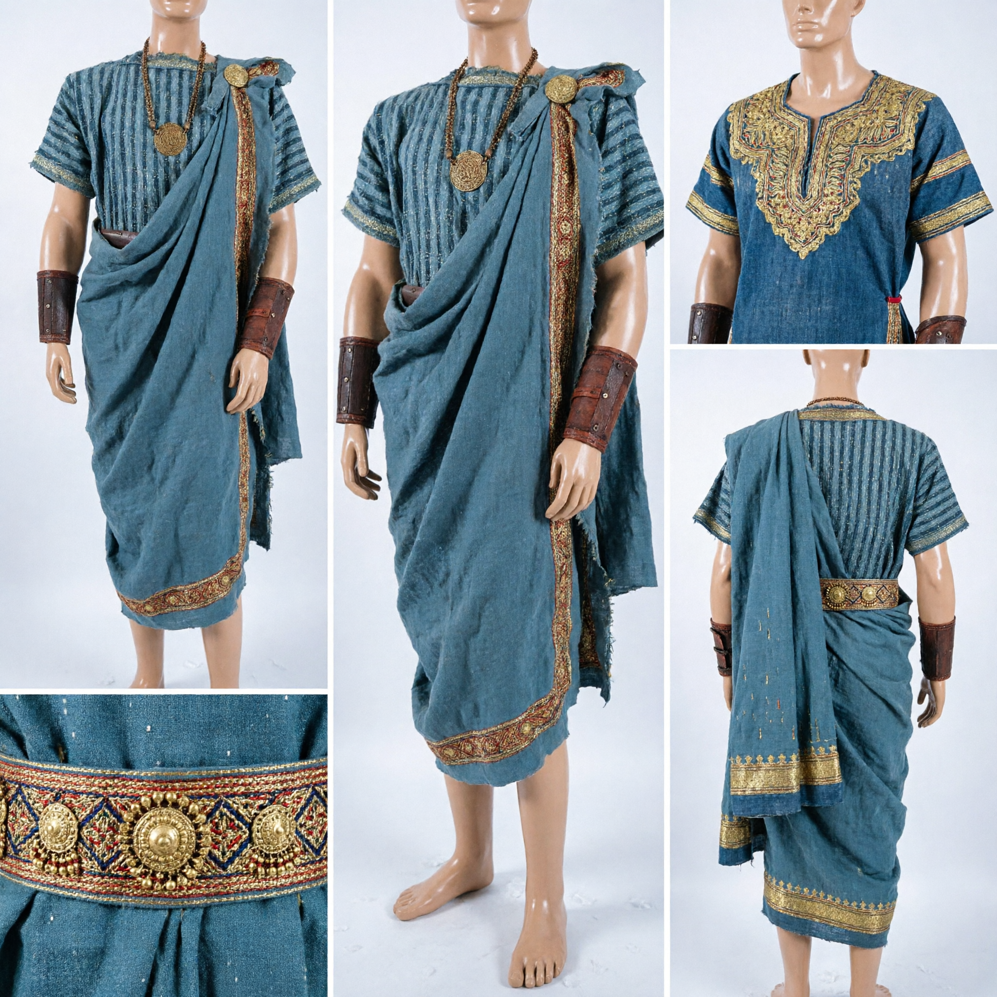 Ancient Roman Toga Costume for Men Blue Striped Tunic Historical Clothing for Stage Performance Cosplay - Asian Costume