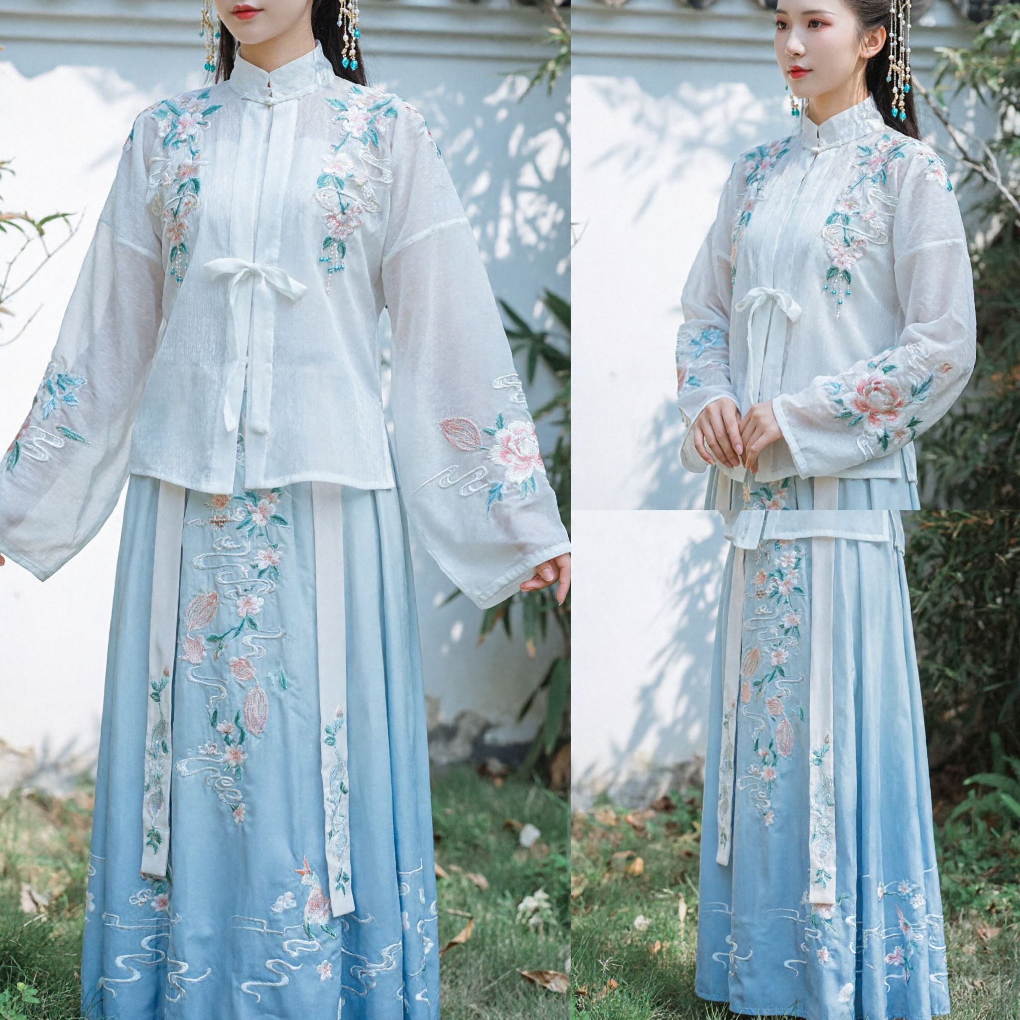 Elegant Blue Hanfu Traditional Chinese Clothing Embroidered Ming Dynasty Stand Collar Top and Long Skirt for Women - Asian Costume