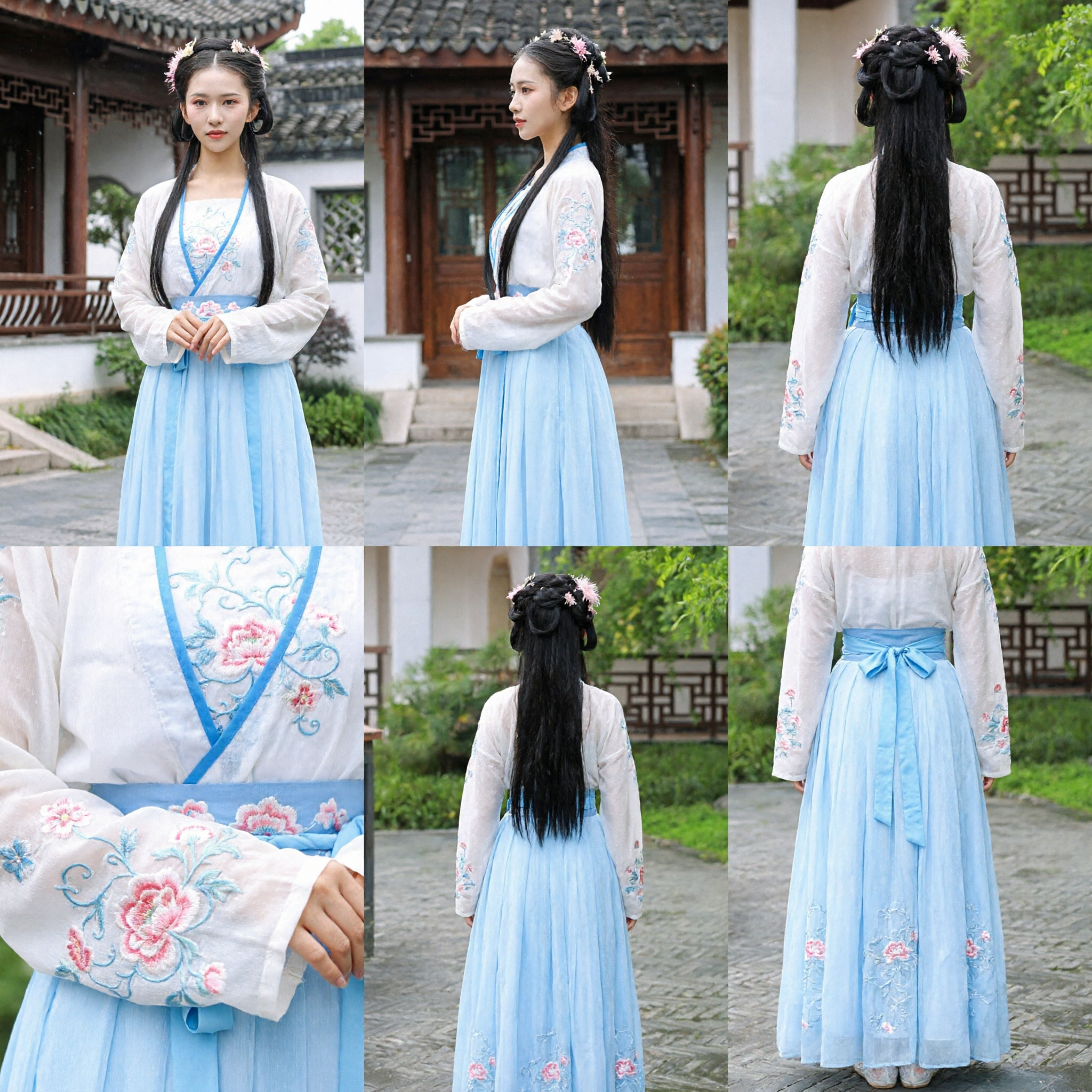 Traditional Chinese Hanfu Costume Ancient Princess Fairy Dress Blue Embroidered Skirt Set for Women - Asian Costume