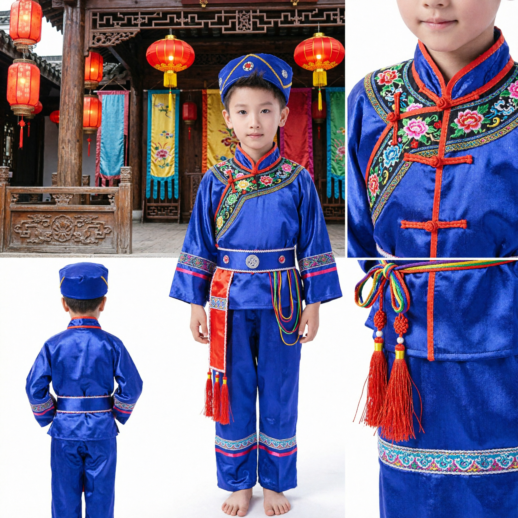 Boy Traditional Chinese Folk Dance Costume Blue Ethnic Minority Stage Performance Outfit with Hat - Asian Costume