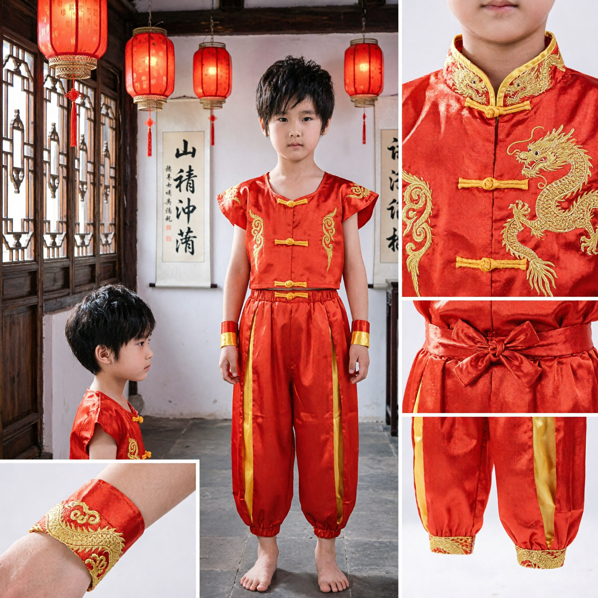 Kids Boys Red Kung Fu Uniform Traditional Chinese Martial Arts Costume for Wushu Performance and Dance - Asian Costume