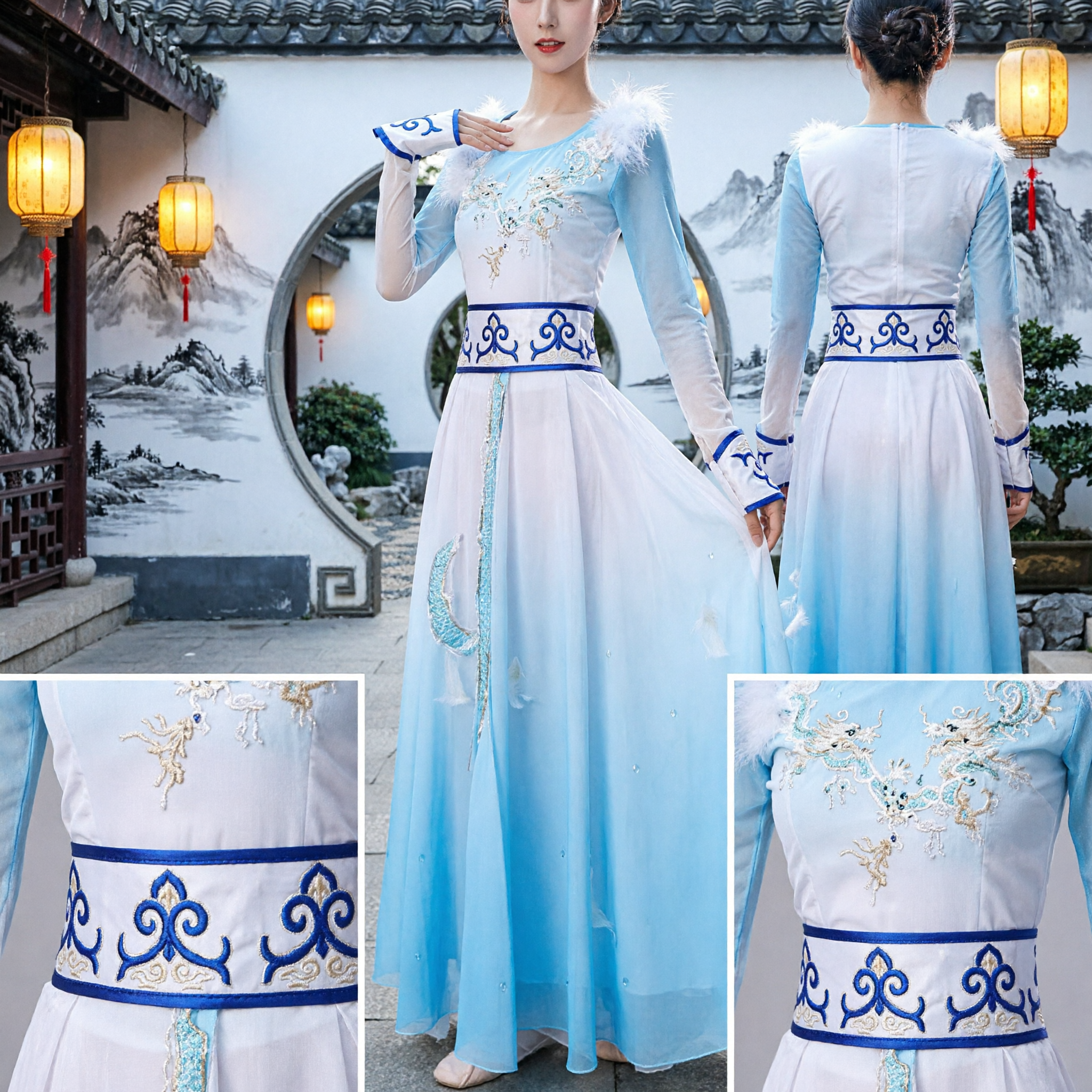 Elegant Blue and White Gradient Chinese Classical Dance Costume Traditional Folk Dress for Stage Performance - Asian Costume